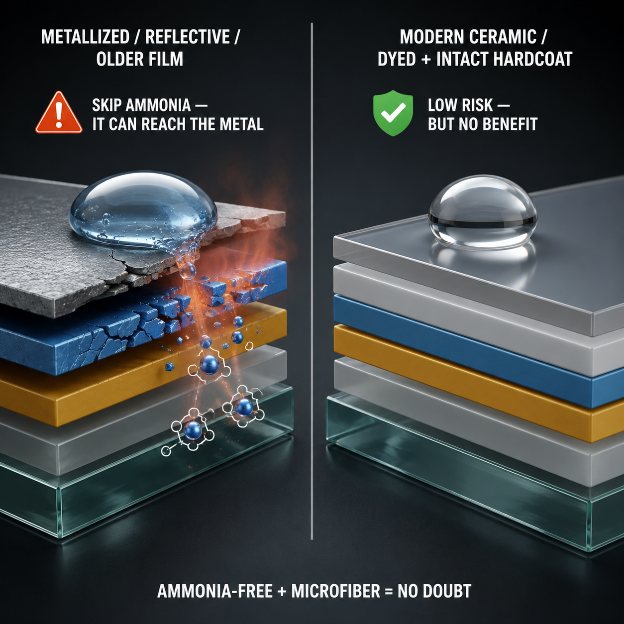 Infographic — The Rule Is Real — but Not for Every Film: Skip ammonia on metallized and older film; on sealed modern film it's low-risk but pointless.