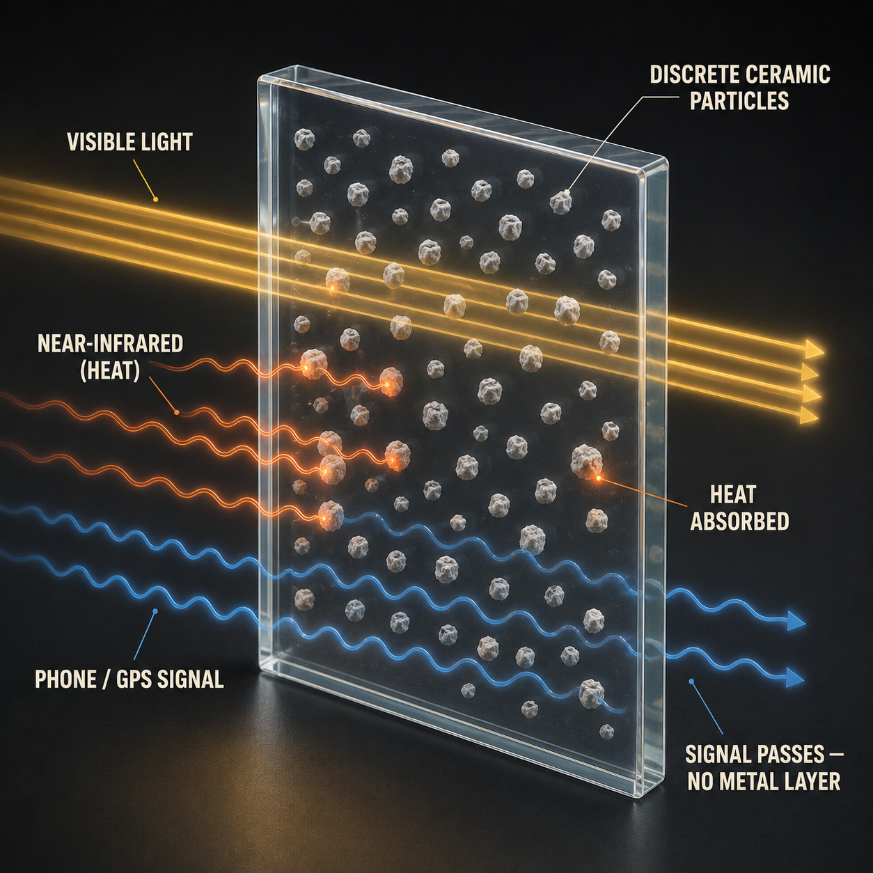 Infographic — How Ceramic Particles Actually Work: Separate specks soak up heat while light passes — and signal passes too.