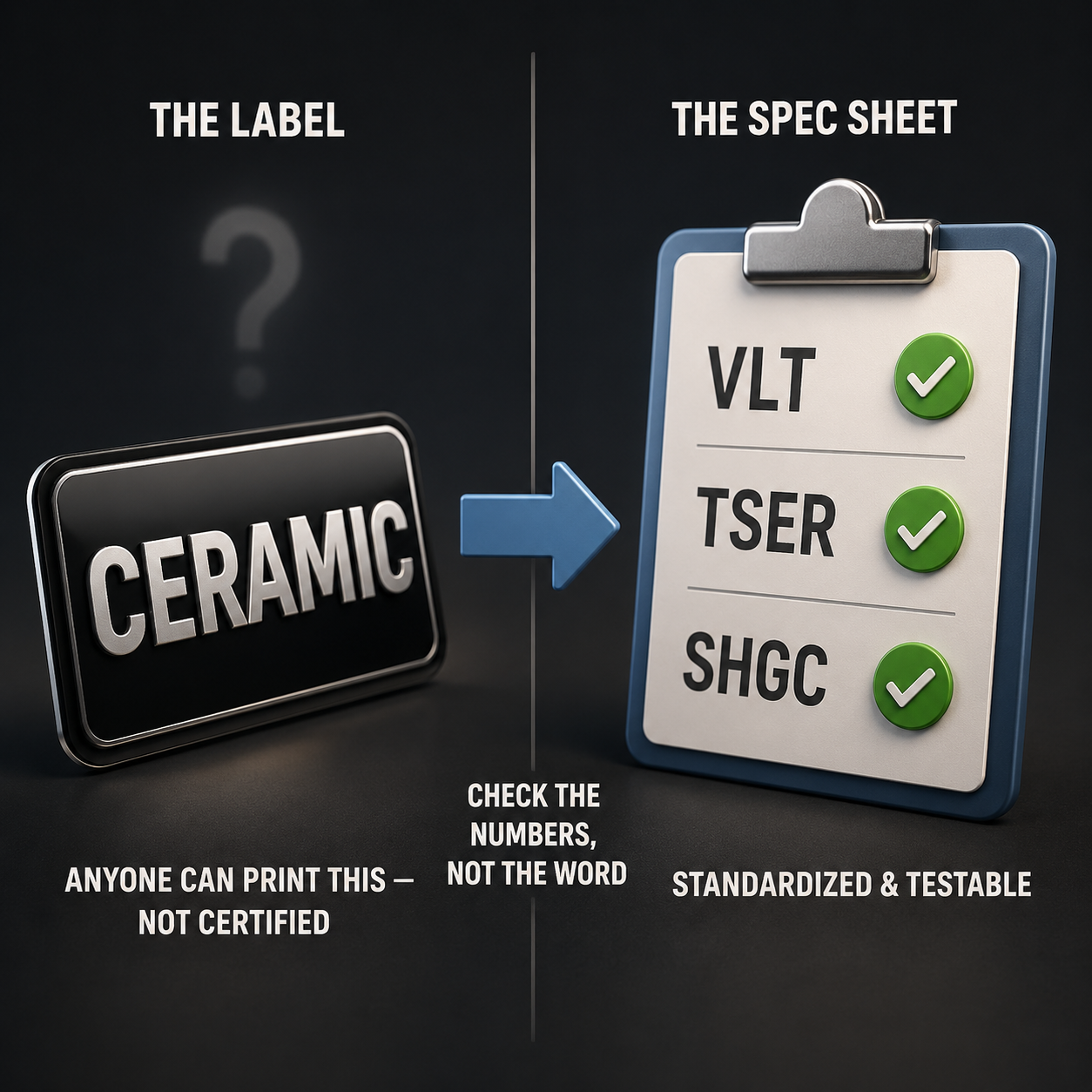 Infographic — 'Ceramic' Is a Description, Not a Certification: No standards body defines the word — only the measured numbers are verified.