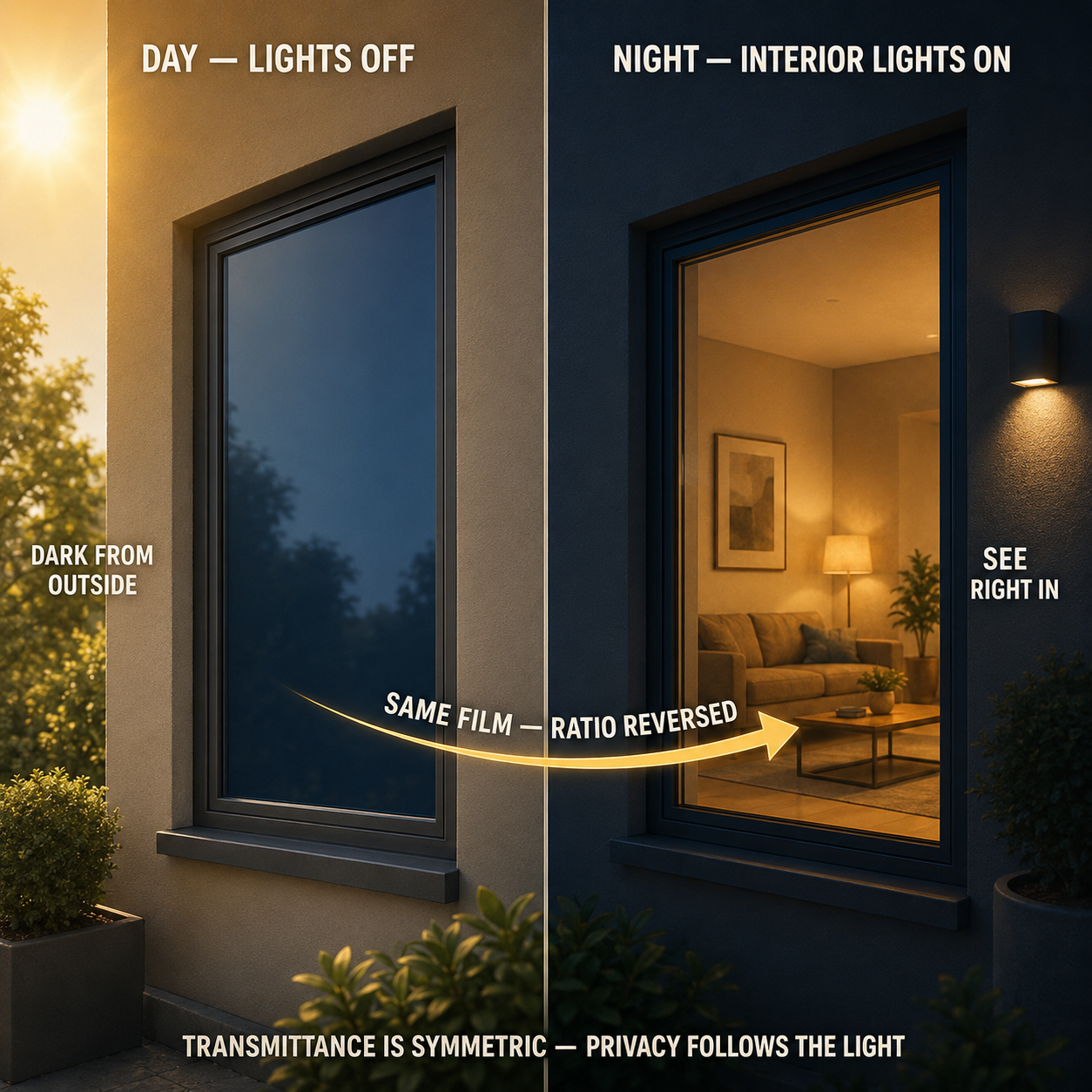 Infographic — The Same Film Reverses at Night: Turn the interior lights on and the outside can see right in.
