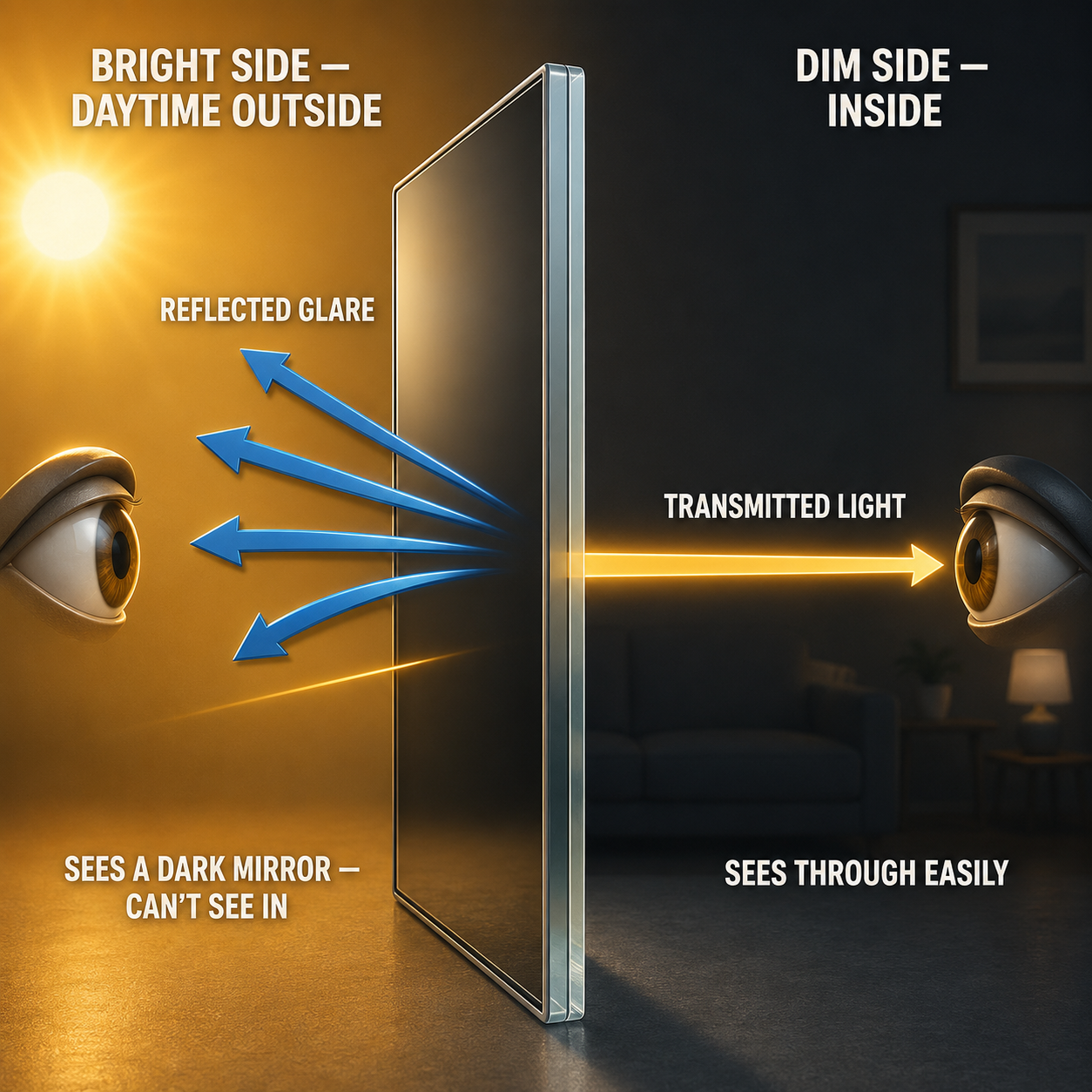 Infographic — It's a Light Ratio, Not a One-Way Film: Glare wins on the bright side; the view wins on the dim side.