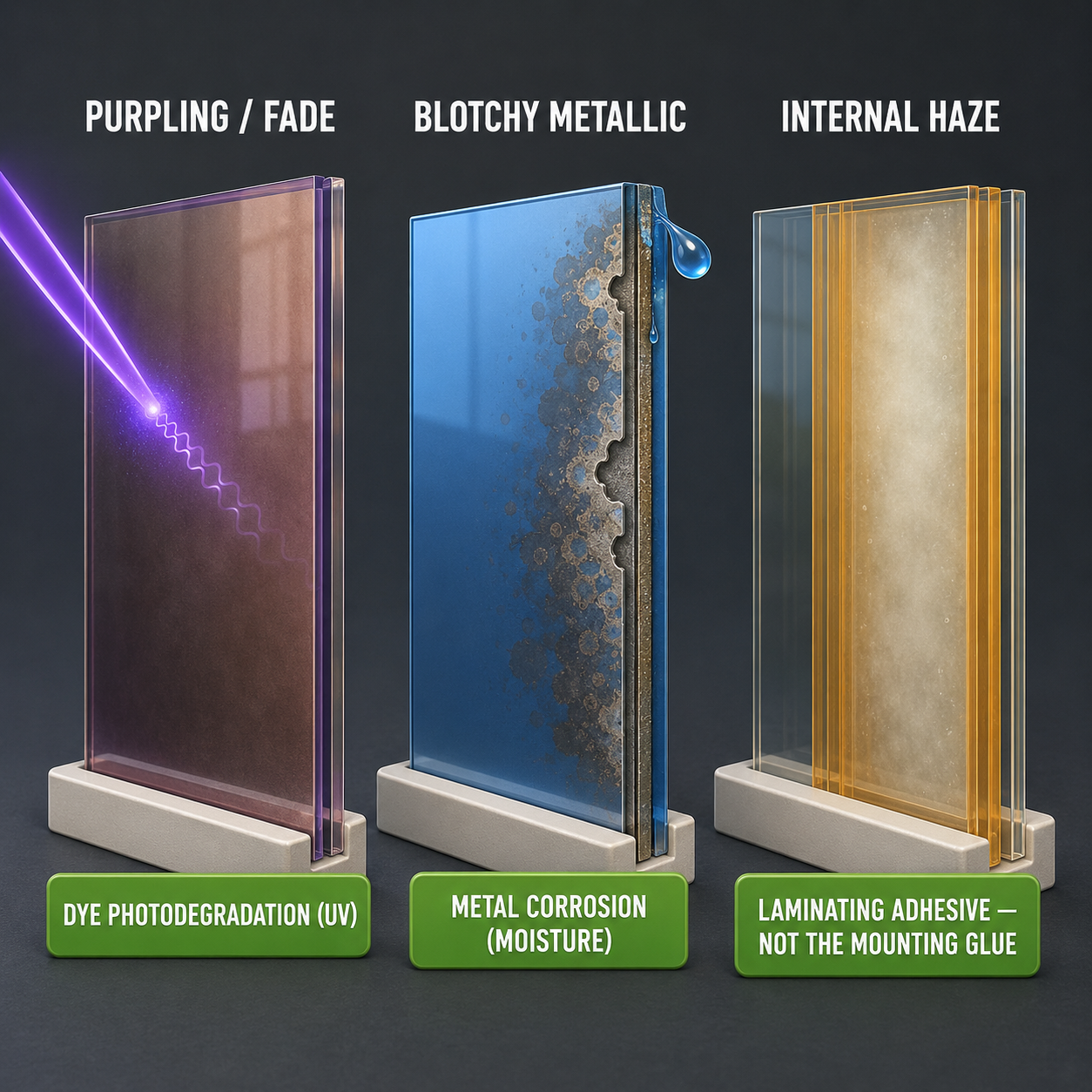 Three film panels: a purpling dyed film (UV dye failure), a coffee-stain corroded metallic film (moisture), and an internally hazed laminate.