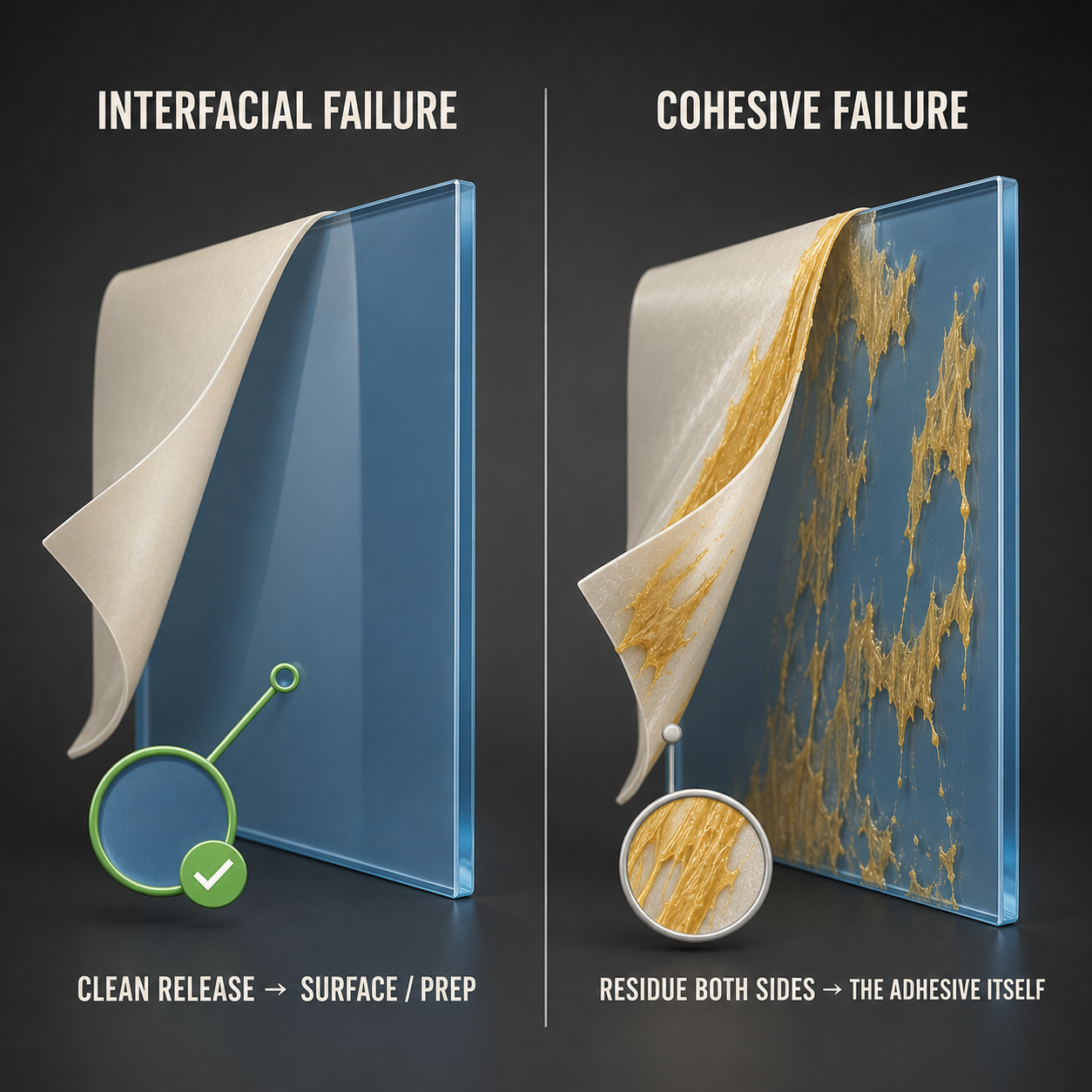 Two peeled-film panels: one leaves the glass clean (interfacial failure), the other leaves adhesive on both glass and film (cohesive failure).