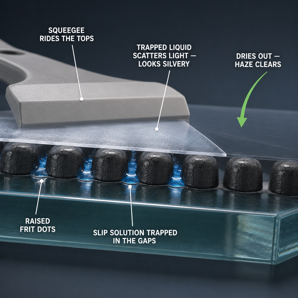 Infographic — Why the Dotted Edge Goes Whitish During a Tint: Slip solution hides in the valleys between the raised dots — then clears as it dries.