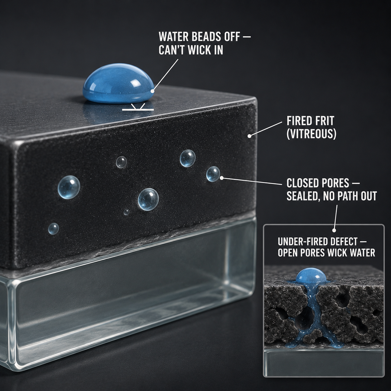 Infographic — Fired Frit Is Glass — It Can't Soak Up Water: 'Vitreous' means glass-like: under half a percent water absorption.