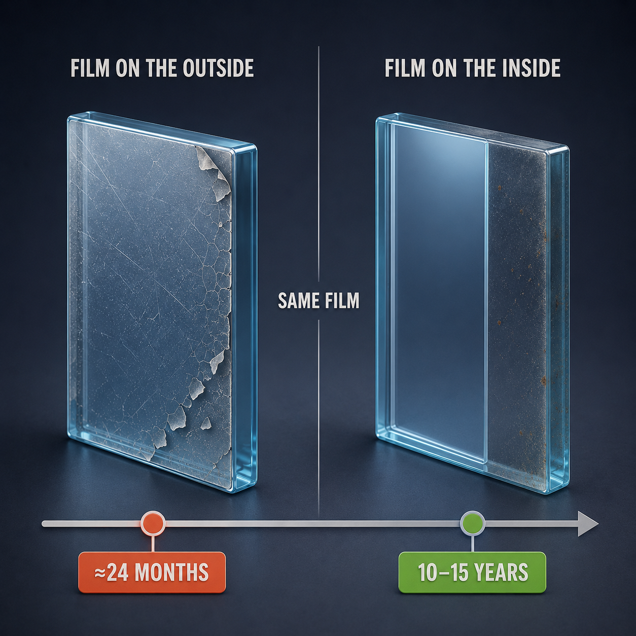 Two identical film-on-glass panels on a timeline: the outside-mounted one cracking and flaking early, the inside-mounted one still clear years later.