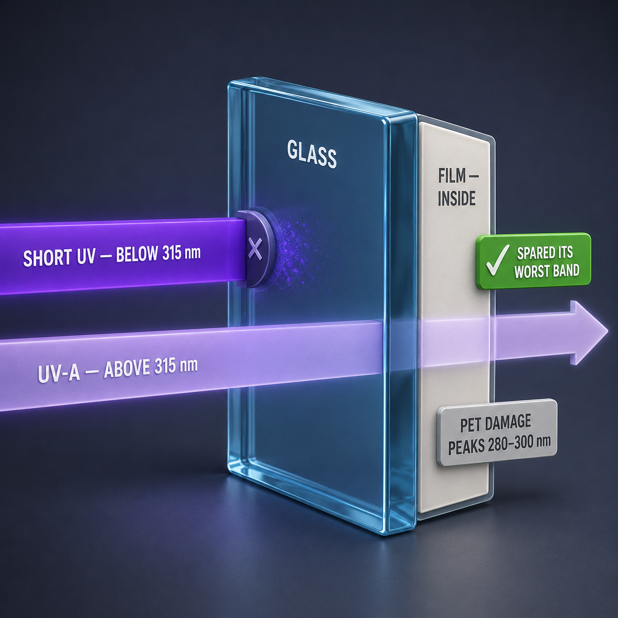 A UV beam meeting a glass pane: the short-wavelength portion stops at the glass, longer UV-A continues to the film mounted behind it.