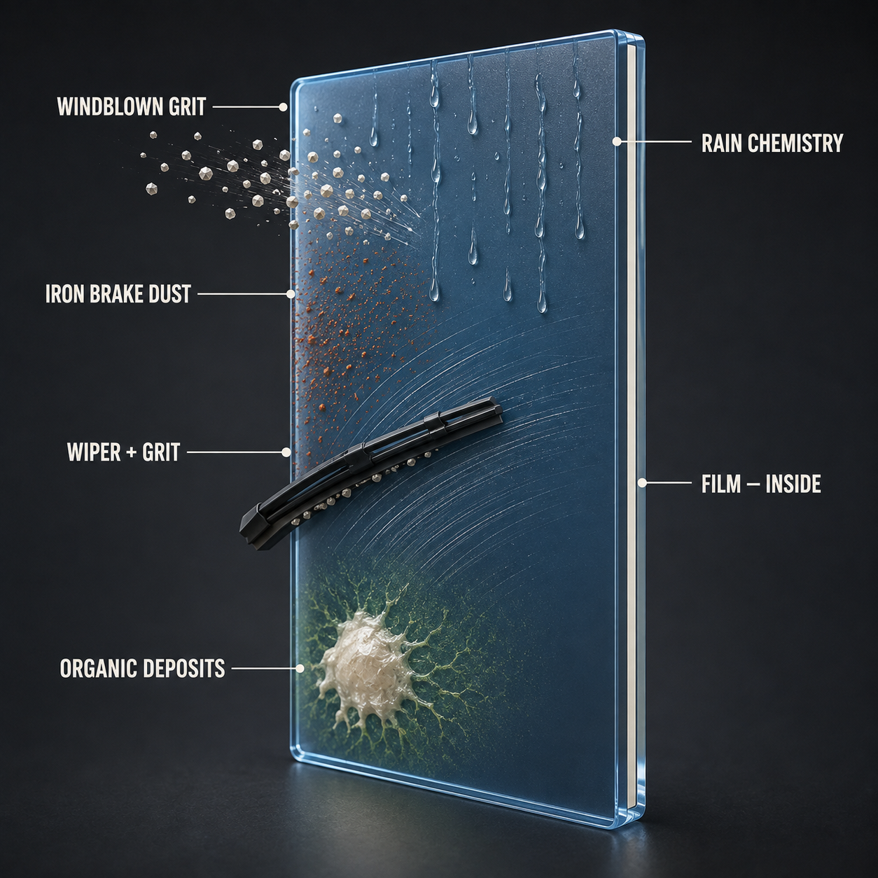 The outer surface of a glass pane facing a converging barrage of sand grains, iron particles, a wiper blade, rain droplets, and an organic splash.