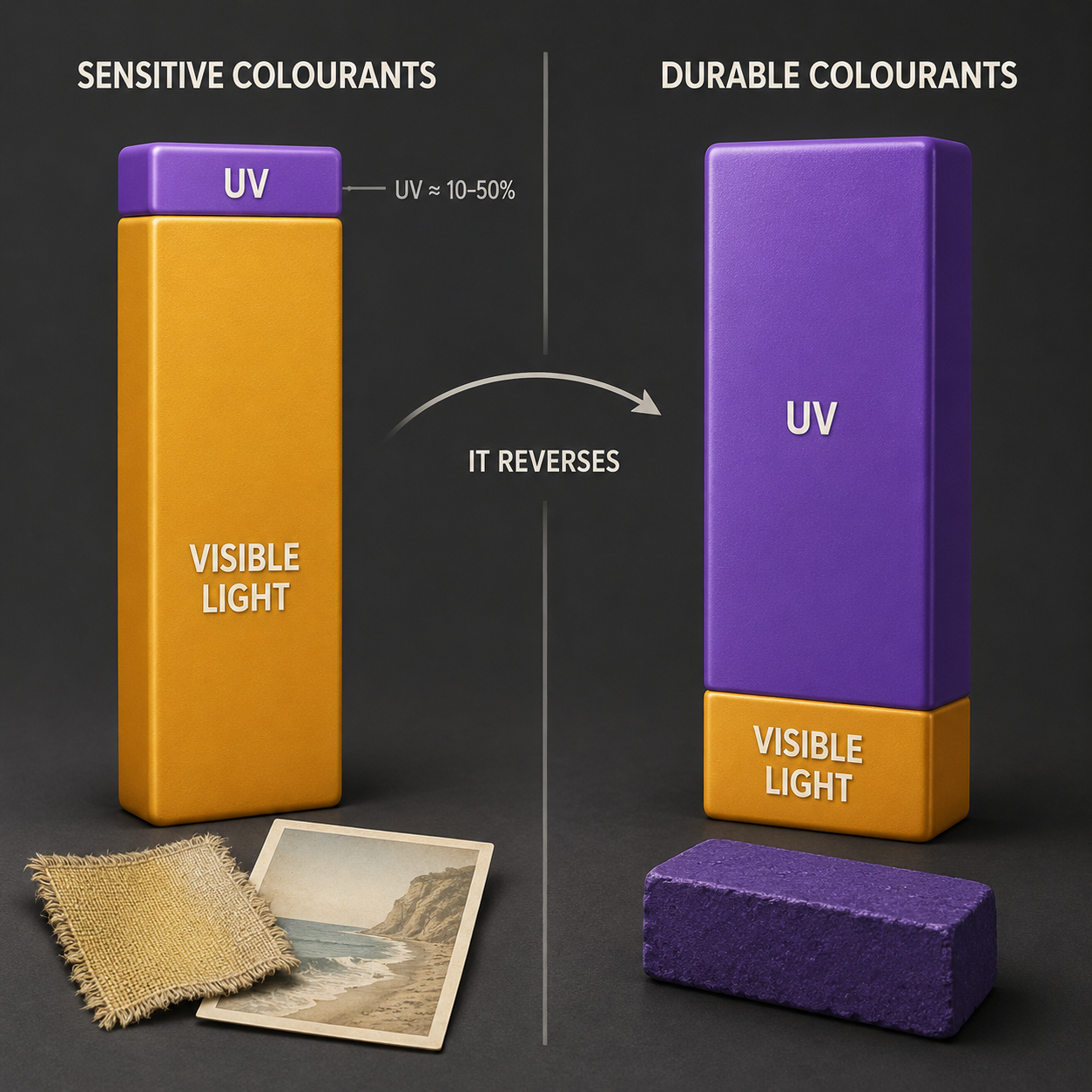 A split comparison of damage share: on the sensitive-colourant side visible light dominates the bar, on the durable-colourant side UV dominates it.