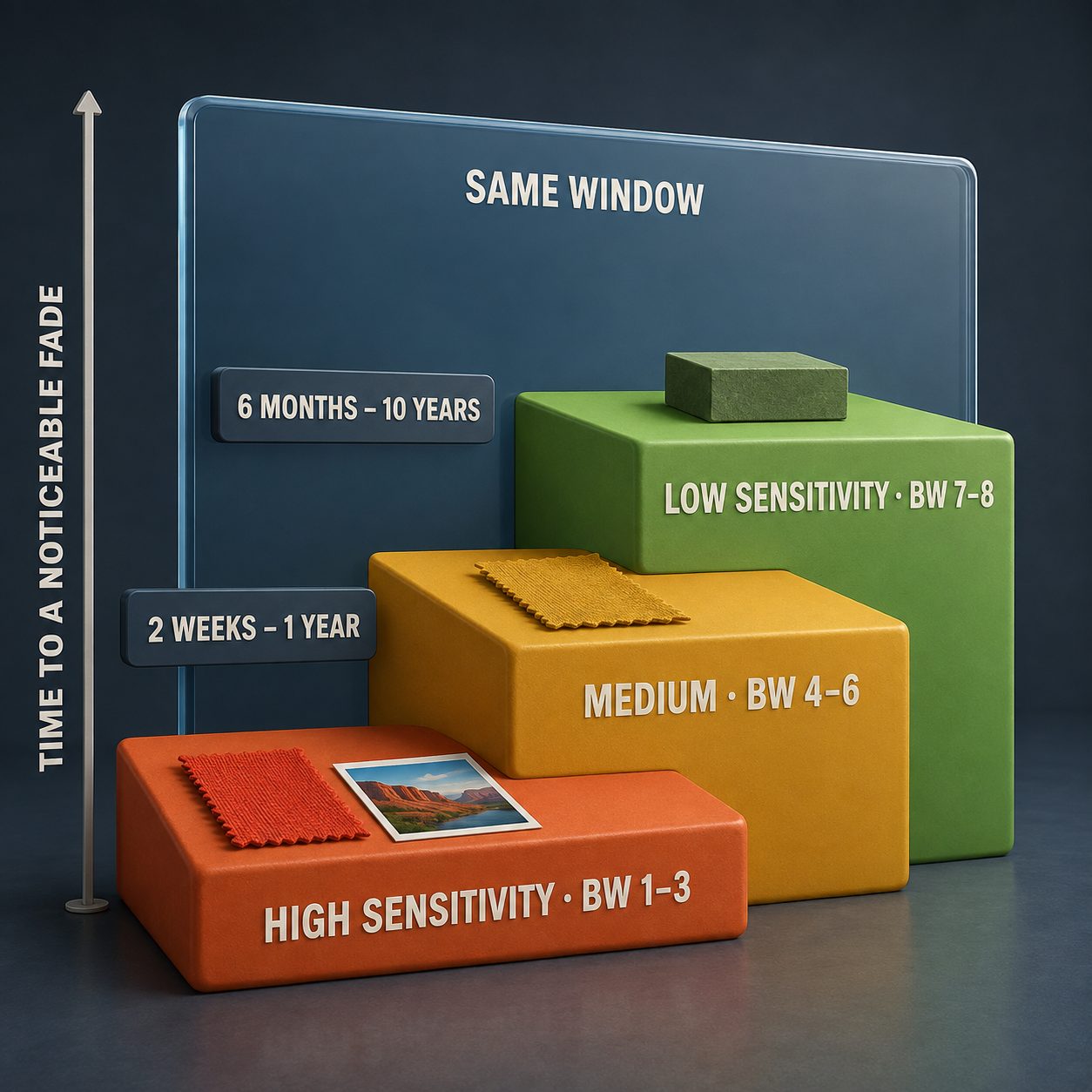 A sensitivity ladder from most fugitive to most stable colourant, with time-to-noticeable-fade rising from days at the bottom rung to years at the top.