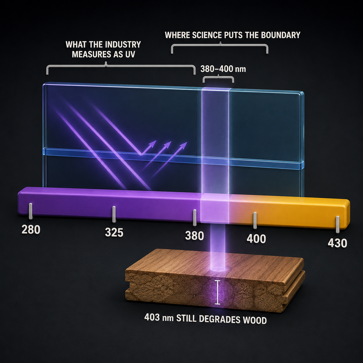A wavelength scale with the industry's 280–380 nm UV band stopped at the glass, and a highlighted 380–400 nm gap passing through to a wood plank below.