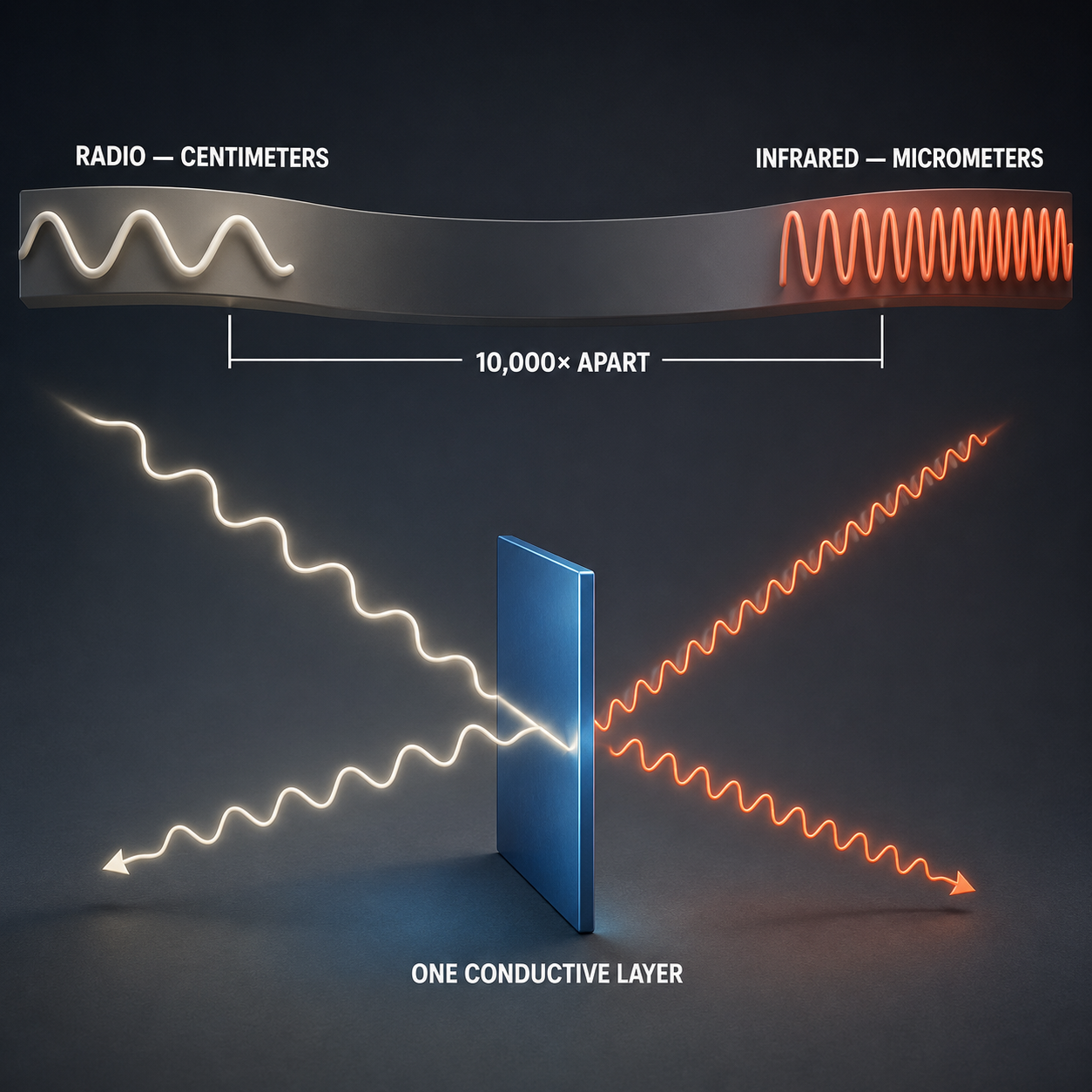A spectrum ribbon shows radio and infrared waves 10,000 times apart, while both reflect off one conductive slate-blue layer below.