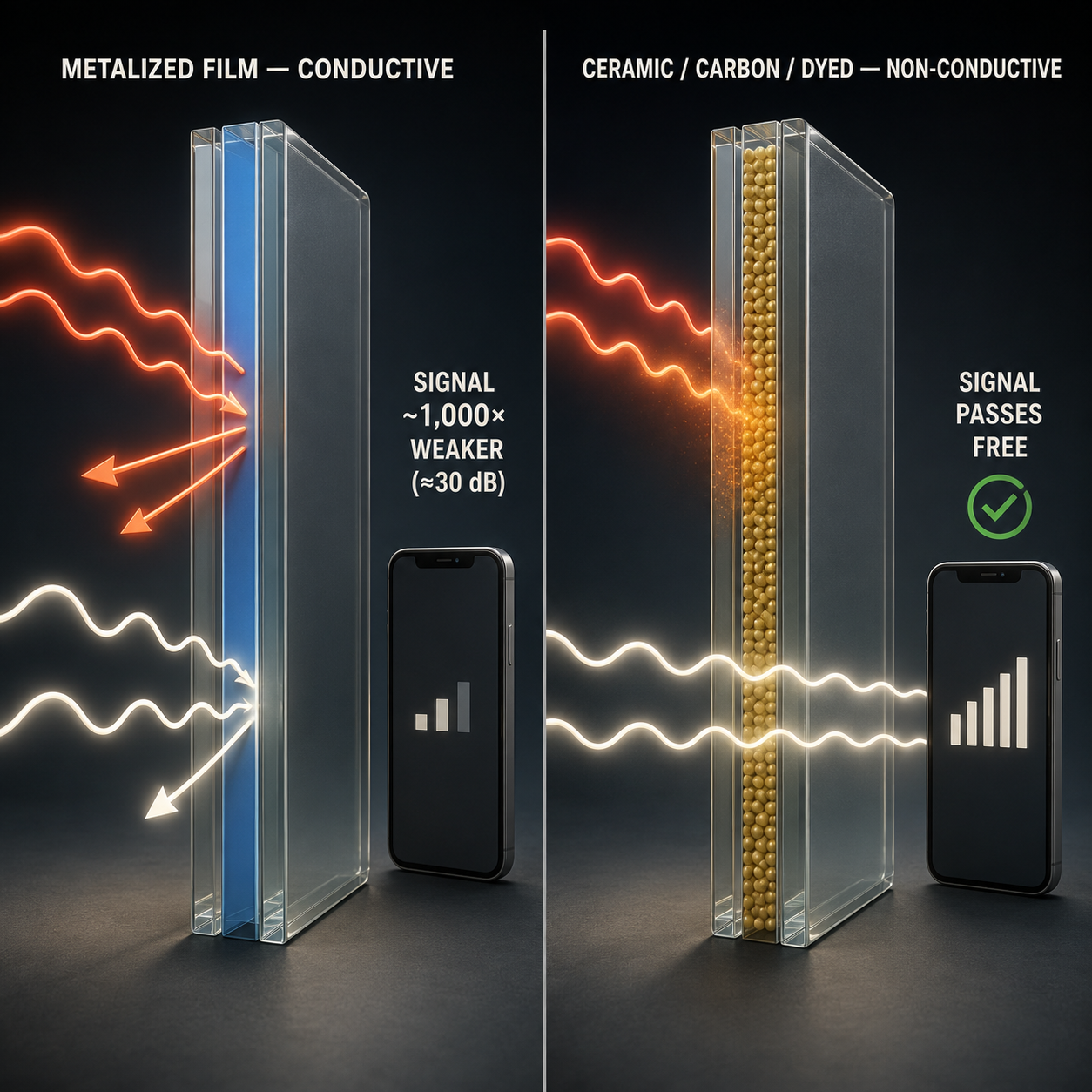 Side by side: a conductive metalized film weakens a phone's signal about 1,000 times, while a non-conductive ceramic/carbon/dyed film lets the signal pass free.