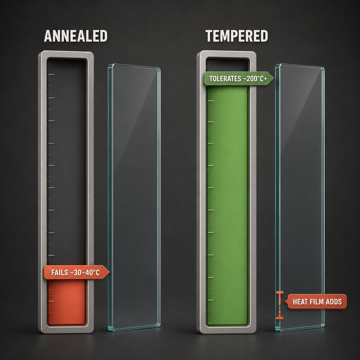 Infographic — Tempered Has Enormous Headroom: Tempered glass tolerates a far bigger heat difference than film ever adds.