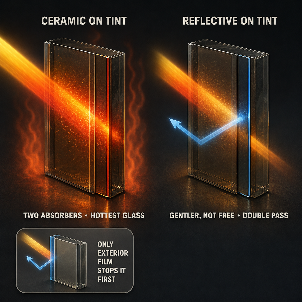 Infographic — Two Absorbers in Series: Ceramic film on factory-tinted glass is the hottest combo you can build.