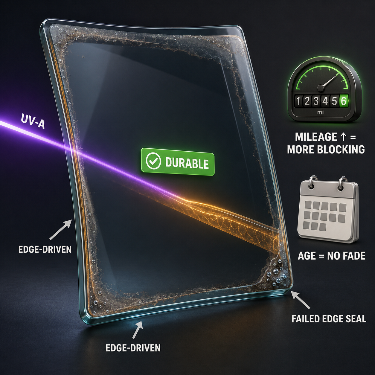 Infographic — It Doesn't Fade With Age: Windshield UV protection is durable. When laminate ages, it's the edges — not the middle.