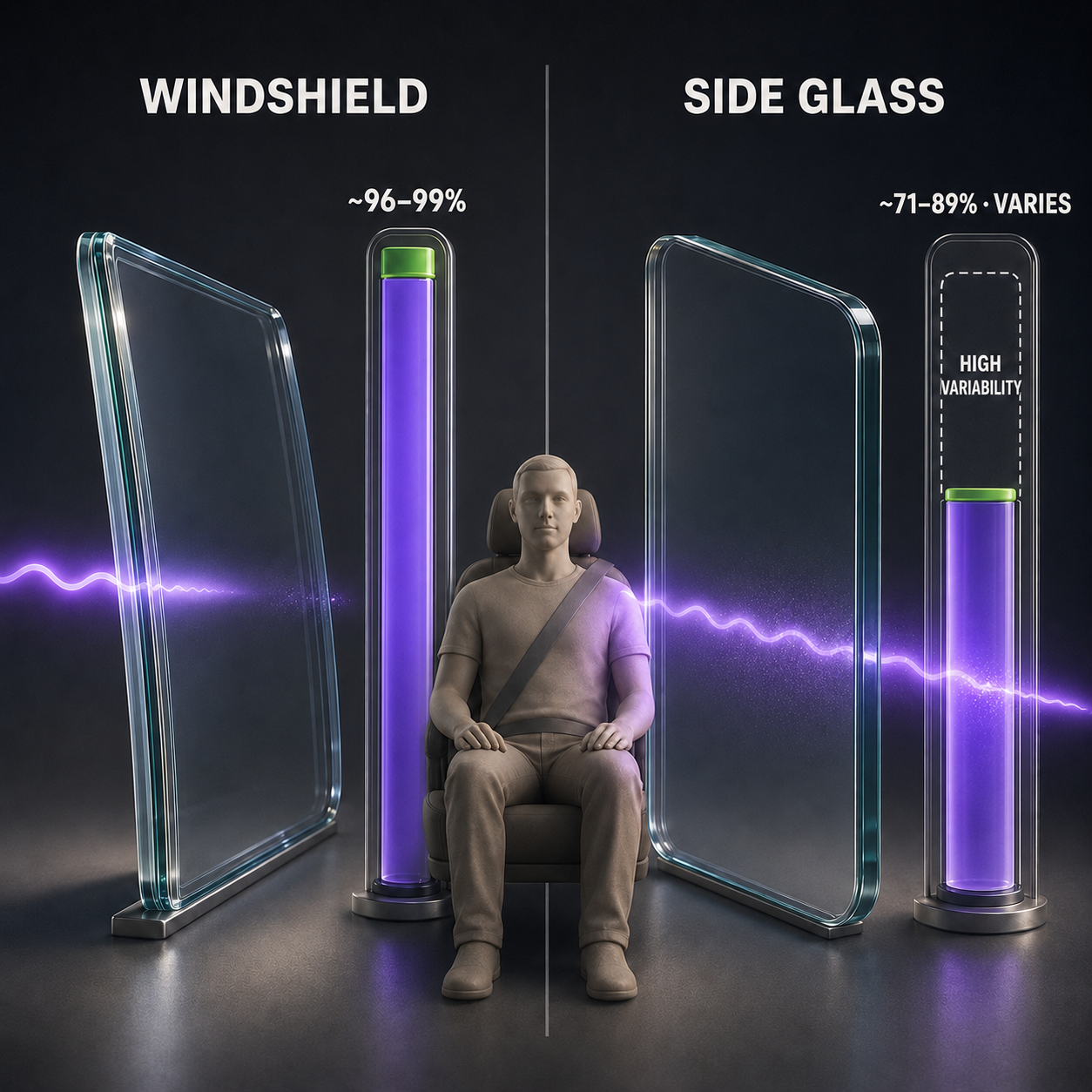Infographic — The Real Gap Is the Side Glass: Windshields block ~96–99% of UV-A. Side windows average ~71–89% — and vary wildly.