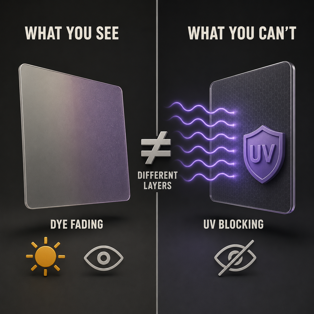 Infographic — Color Fade ≠ UV Loss: The fading you can see isn't the protection you can't.