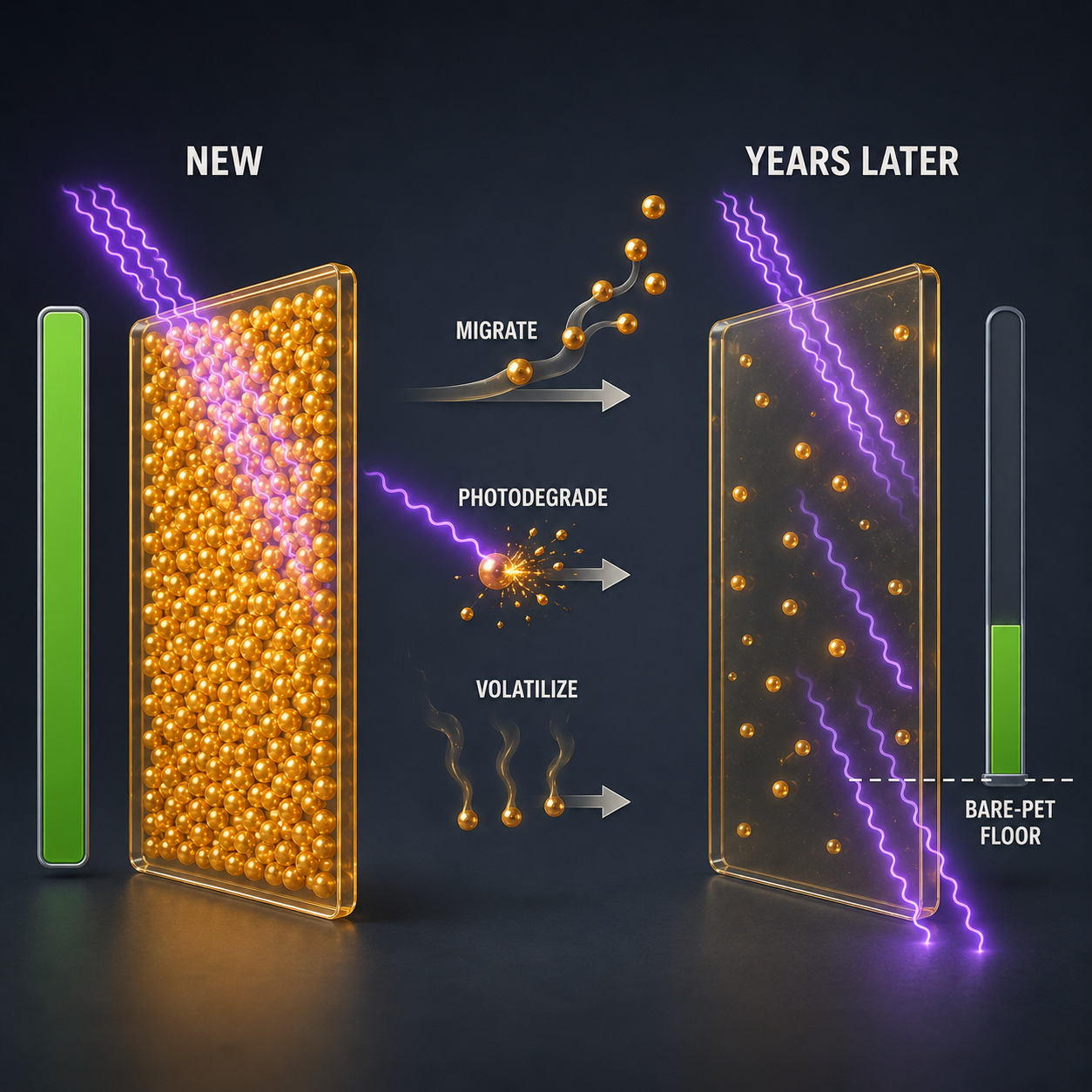 Infographic — Sacrificial by Design: UV absorbers can migrate, photodegrade, and volatilize out over years.