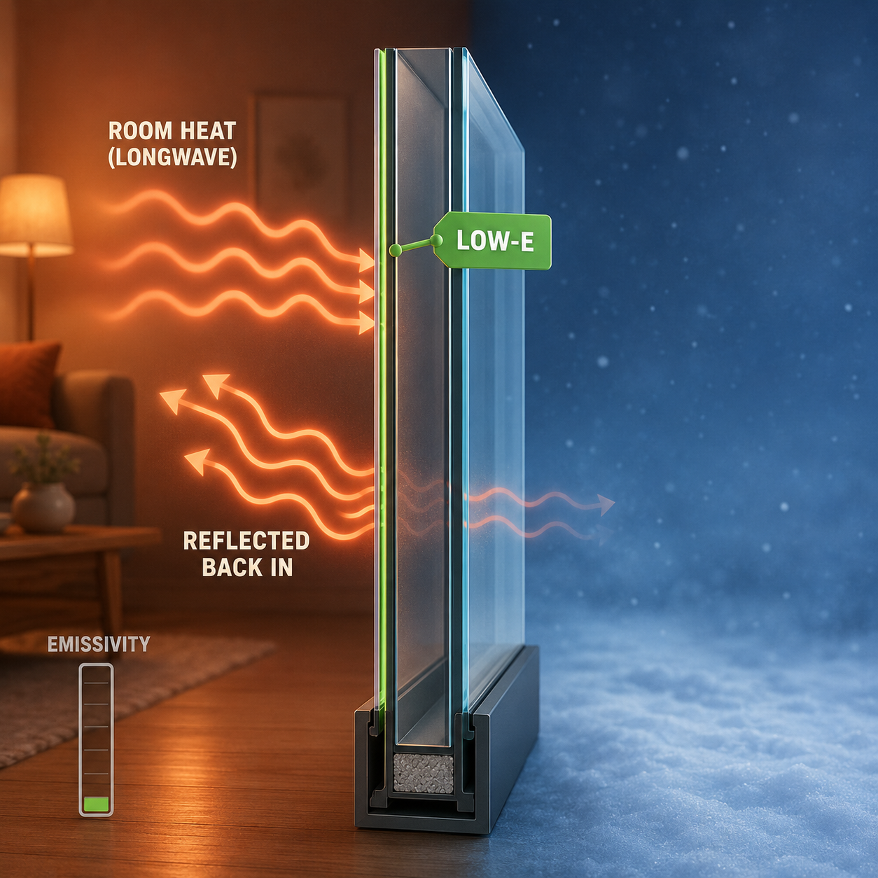 Infographic — Low-E Is the Only Film That Acts on Heat: It reflects your room's own warmth back inside — no sunlight involved.