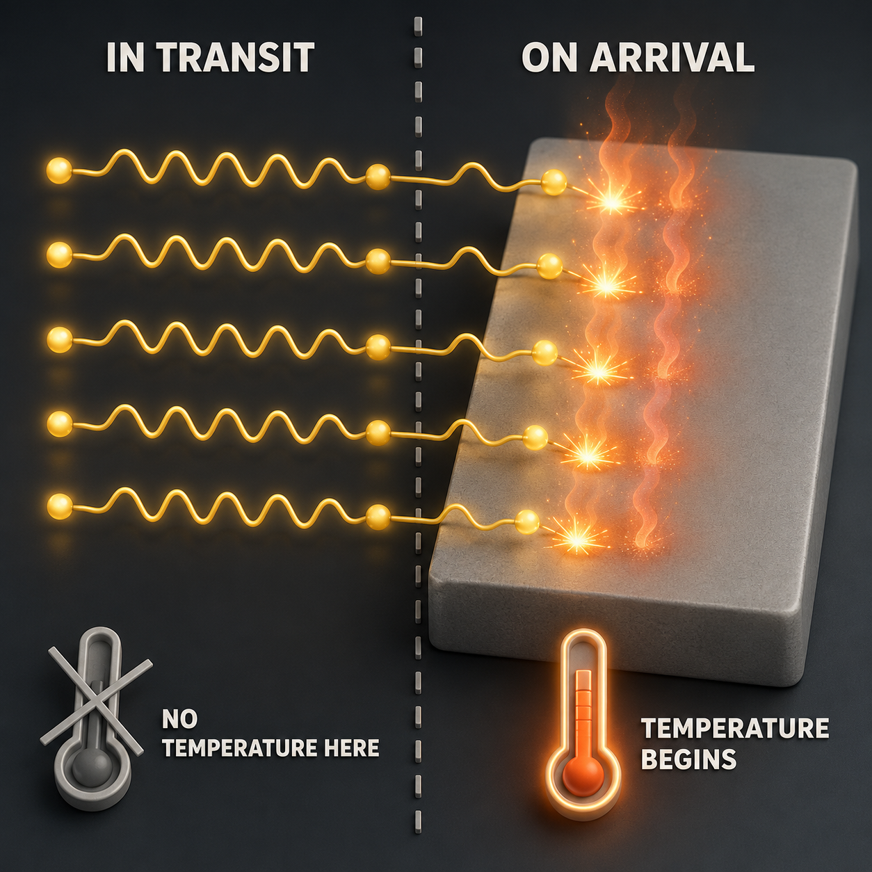 Infographic — Heat Doesn't Travel From the Sun: Radiation travels. Heat is what happens when radiation stops.