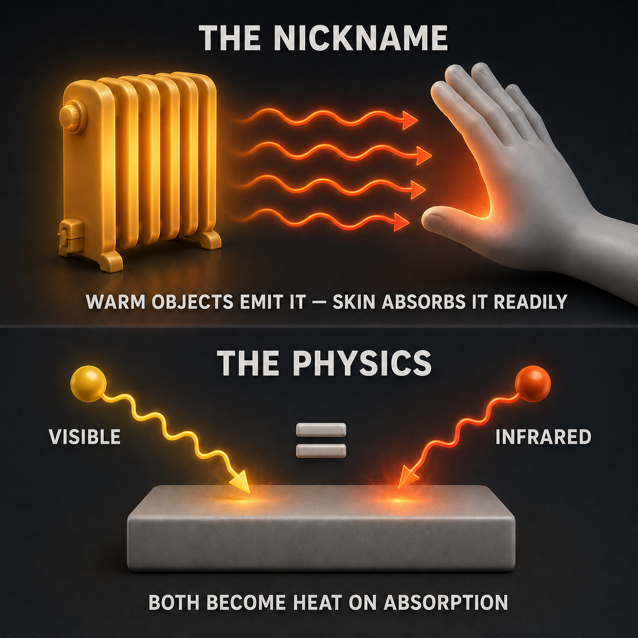 Infographic — No Photon Carries Heat: Infrared earned its nickname from how objects emit it and skin absorbs it — not from what it carries.