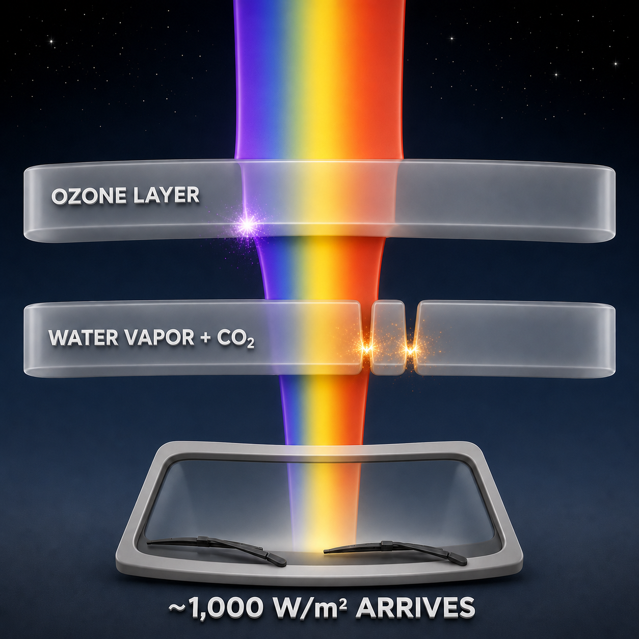Infographic — Sunlight Doesn't Arrive Intact: Earth's atmosphere strips away energy before it ever reaches the ground.