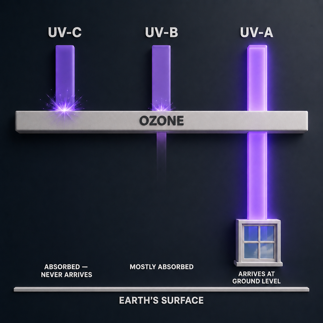 Infographic — Three Kinds of Ultraviolet — Only One Really Arrives: Ozone handles UV-C almost completely. Ground-level UV protection is a UV-A conversation.