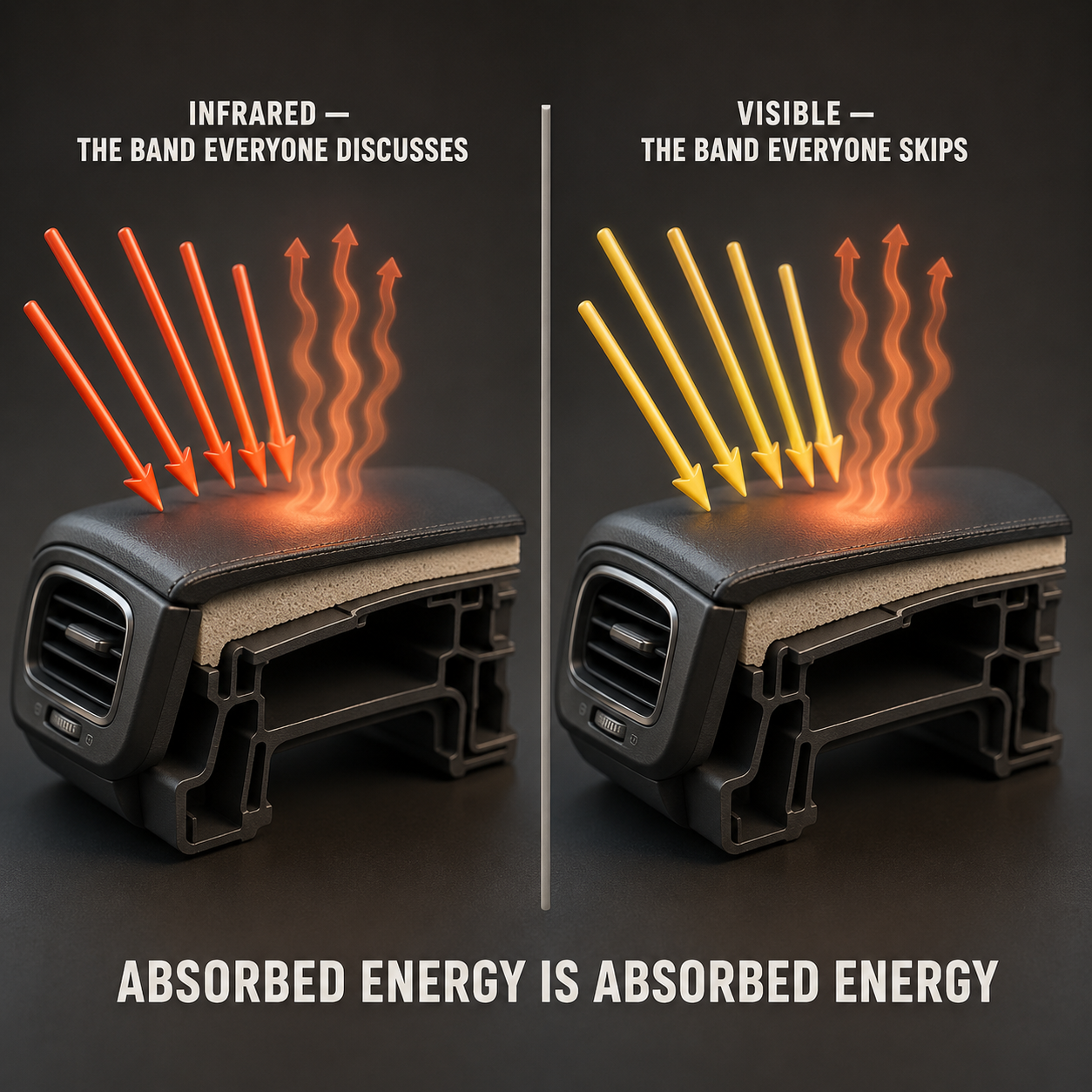 Infographic — Light You Can See Becomes Heat You Can Feel: Absorption converts any photon to heat — wavelength makes no exception for visible light.