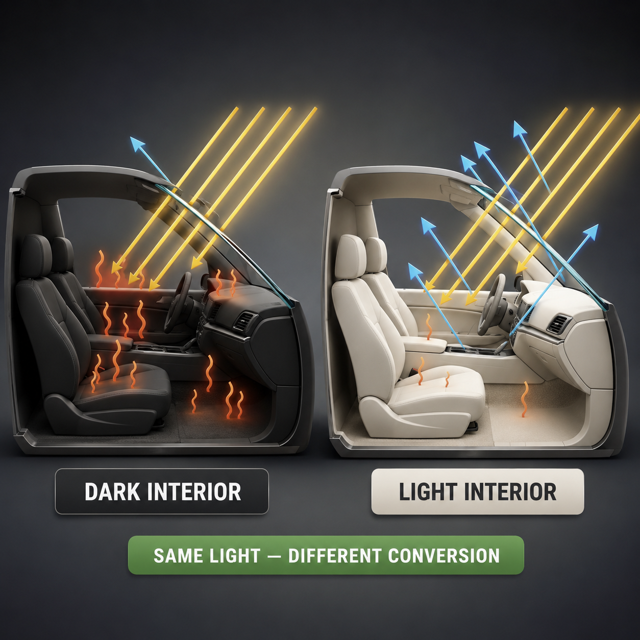 Infographic — Dark Interiors Absorb More of the Visible Budget: Surface color decides how much visible light converts to heat — one of the few variables an owner controls.