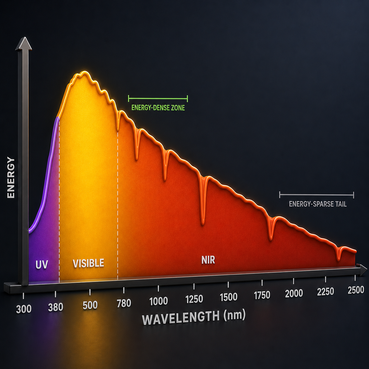 Infographic — Not All Wavelengths Carry Equal Energy: Solar power peaks, dips, and tapers across the spectrum — and that shape changes what every percentage means.