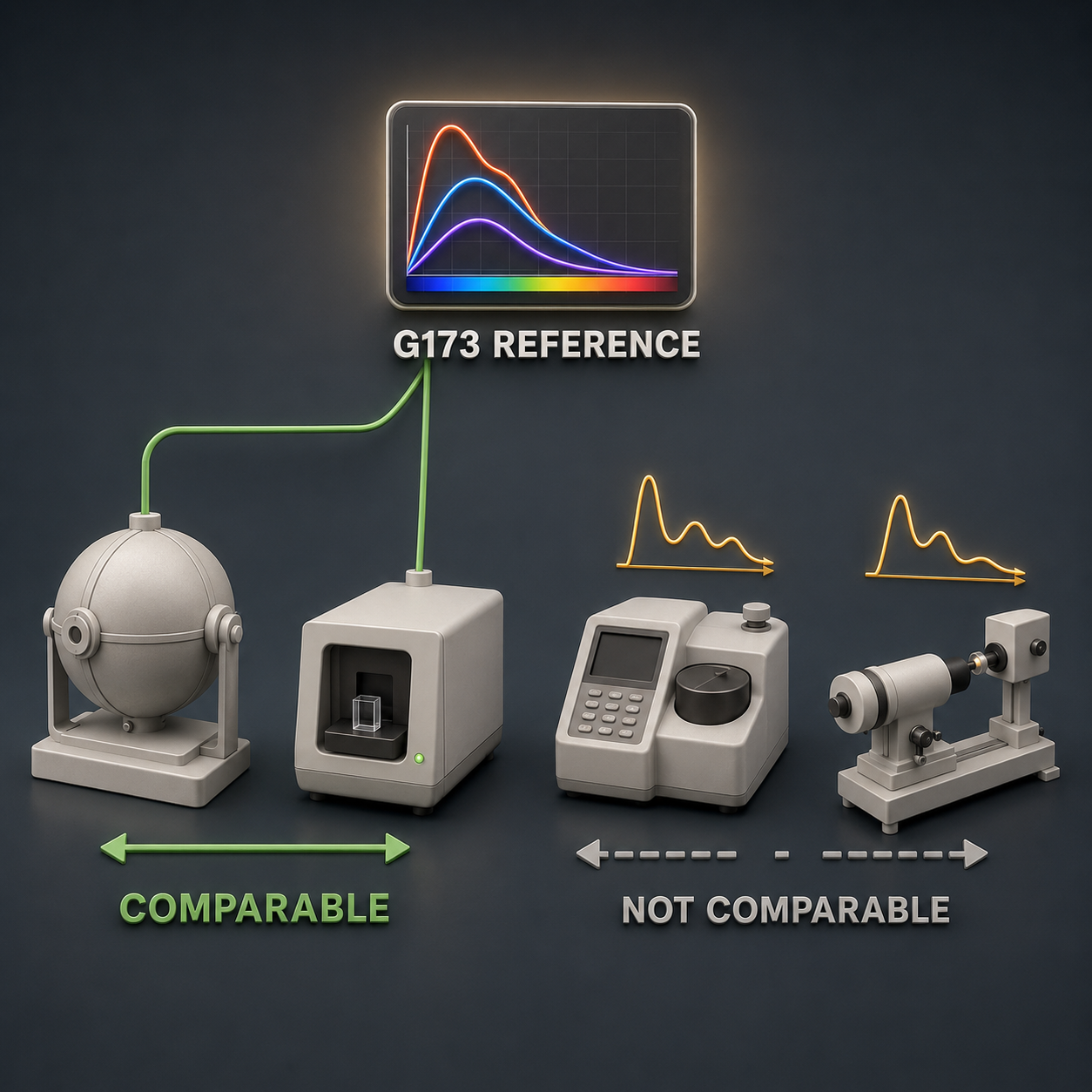 Infographic — One Standard Makes Numbers Comparable: Measurements against the same reference spectrum can be compared. Measurements against nothing cannot.