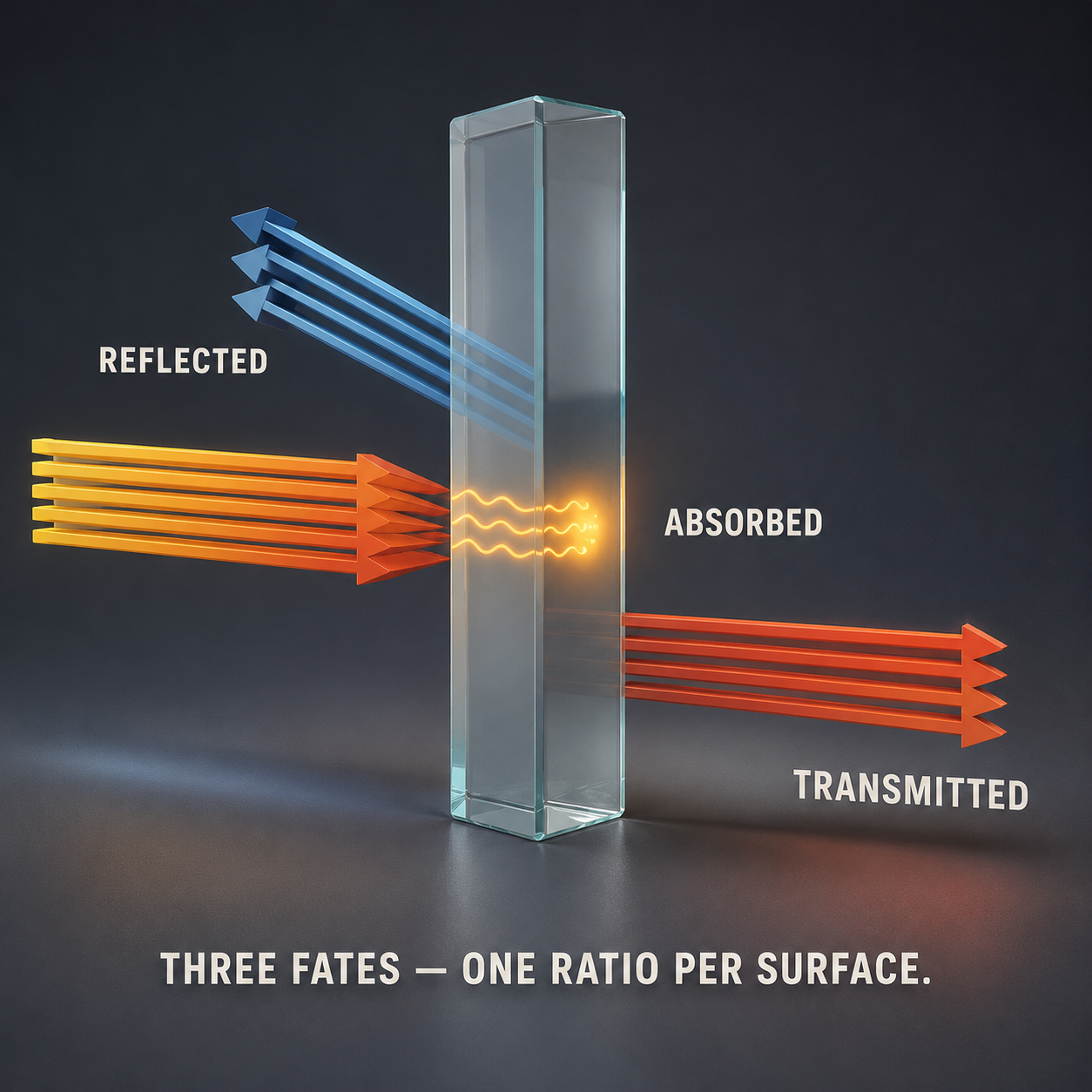 Infographic — Reflect. Absorb. Transmit.: Every photon that reaches a surface meets one of exactly three fates — there is no fourth option.
