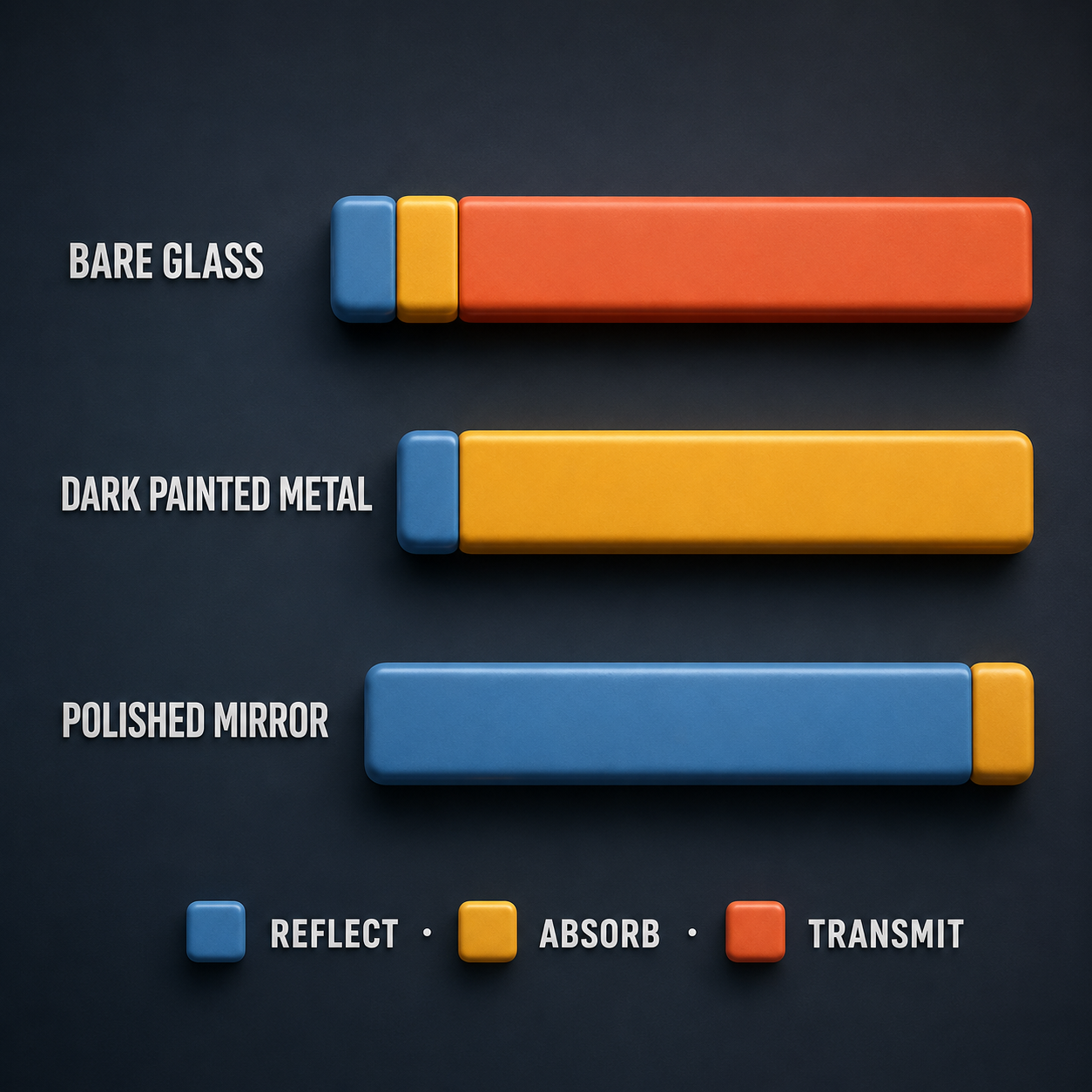 Infographic — Every Surface Has a Signature Split: Bare glass, coated glass, and interior materials each divide the three fates differently.