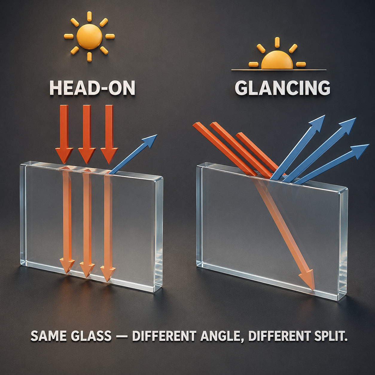 Infographic — The Same Glass Reflects More at a Glance: Reflection grows as the angle of arrival flattens — visible to anyone who has seen low sun mirror off a windshield.