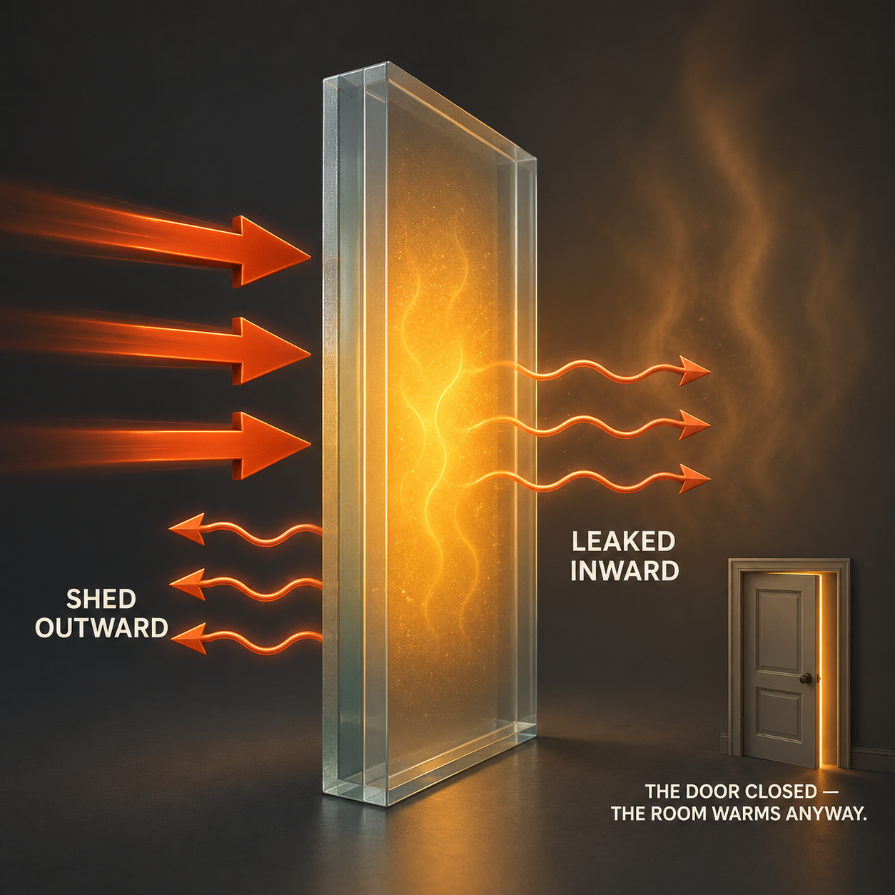 Infographic — Absorbed Energy Doesn't Disappear — It Relocates: A surface that captures solar energy becomes a heated surface, and heated surfaces shed heat in both directions.