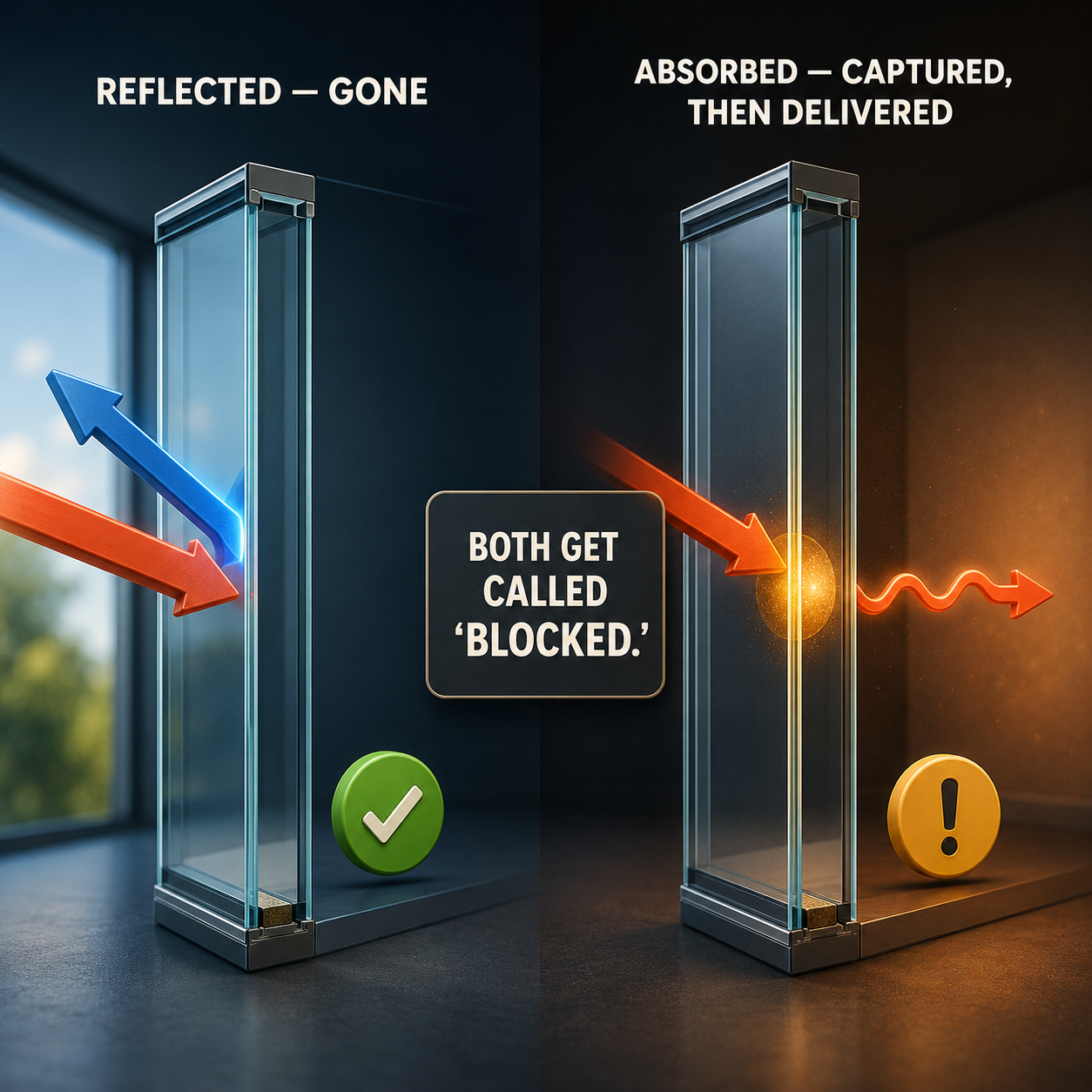 Infographic — Two Ways for Energy to 'Not Pass Through': Reflected energy is gone. Absorbed energy is captured — and partially delivered anyway.
