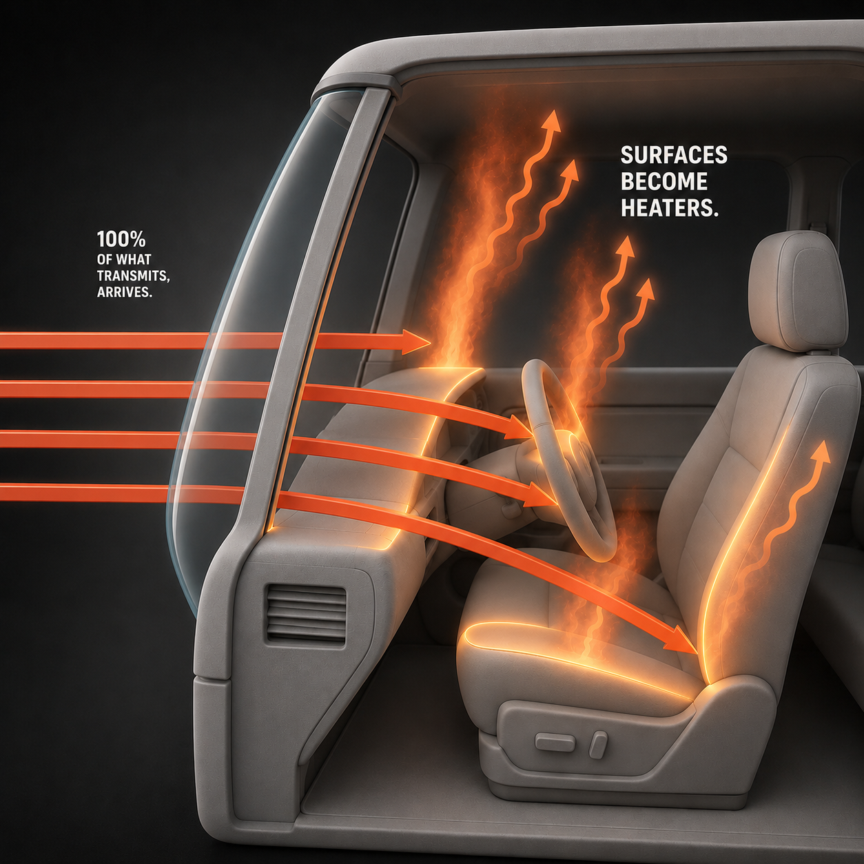 Infographic — Transmitted Energy Delivers in Full: What passes through the glass converts to heat at the first interior surface it strikes.