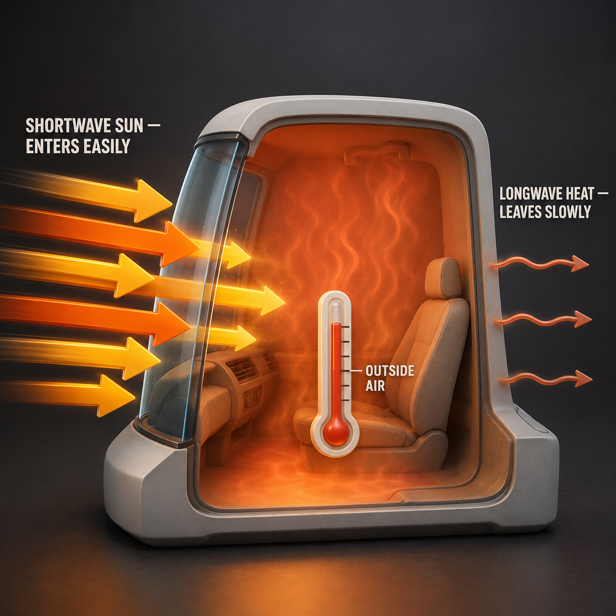 Infographic — Energy In Fast, Energy Out Slow: Sunlight enters through glass easily — the long-wave heat it becomes does not leave as easily.