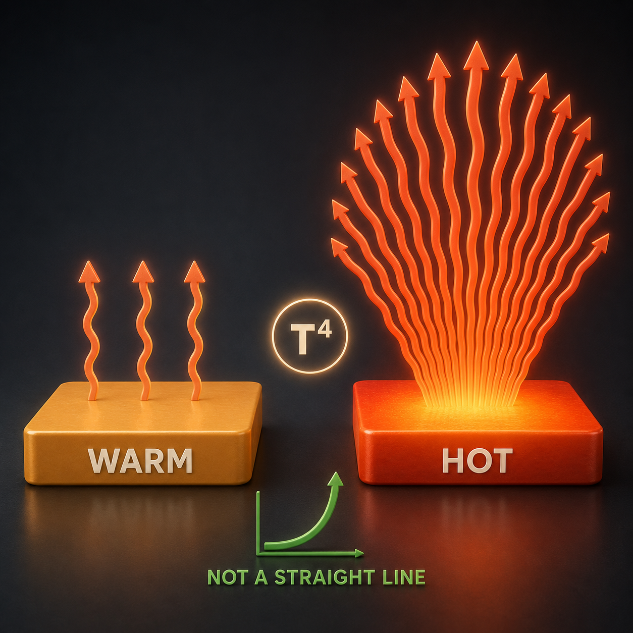 Infographic — Radiation Grows Explosively With Temperature: Thermal radiation scales with the fourth power of absolute temperature — hot surfaces are disproportionately worse than warm ones.