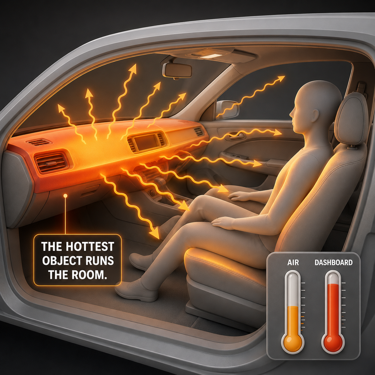 Infographic — Baked Surfaces Heat Everything Around Them: A sun-soaked dashboard far above air temperature becomes a powerful radiant heater inside the cabin.