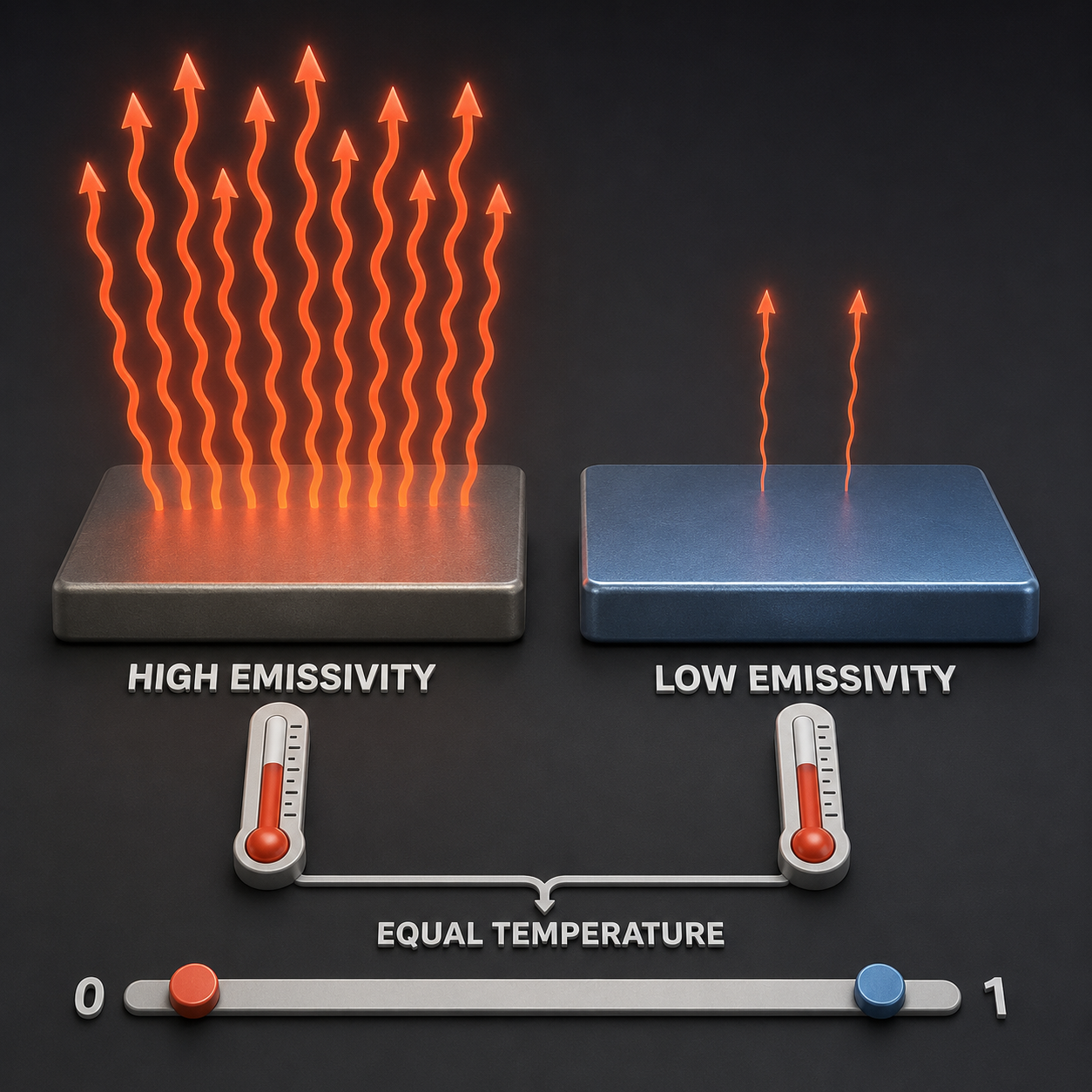 Infographic — Emissivity: How Readily a Surface Lets Go of Heat: Two surfaces at identical temperature can radiate very different amounts — emissivity is the difference.