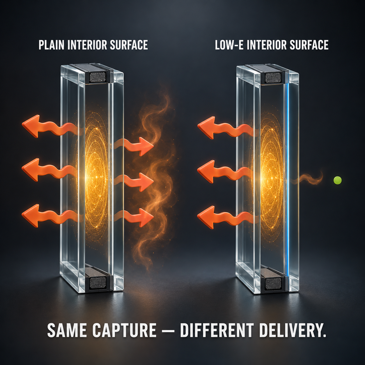 Infographic — Emissivity Decides Where Captured Heat Goes: Two systems can absorb identical energy and deliver different shares of it inward — on surface emissivity alone.