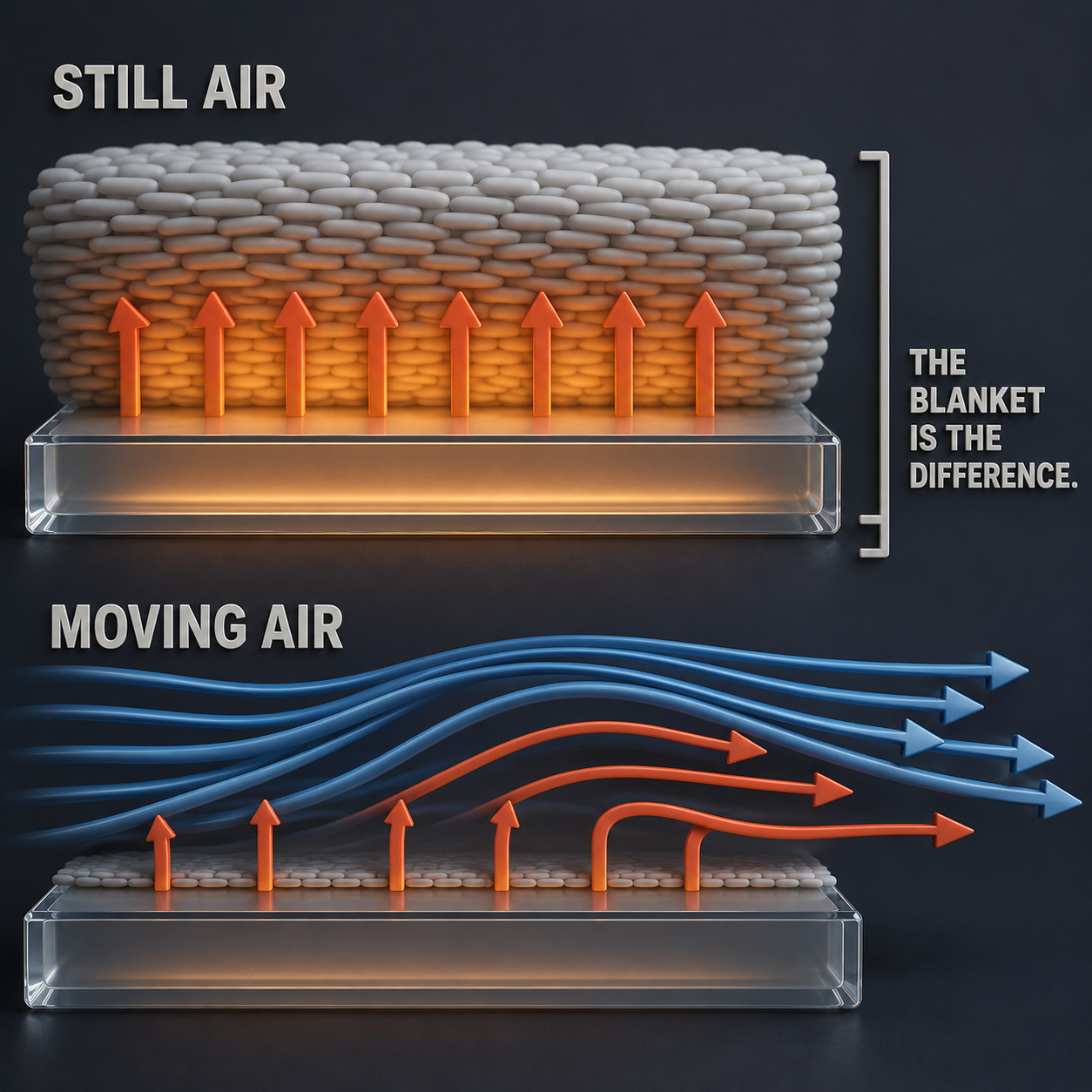 Infographic — Still Air Insulates. Moving Air Strips the Blanket.: Every surface in still air wears a thin insulating layer — airflow tears it away and carries the heat with it.