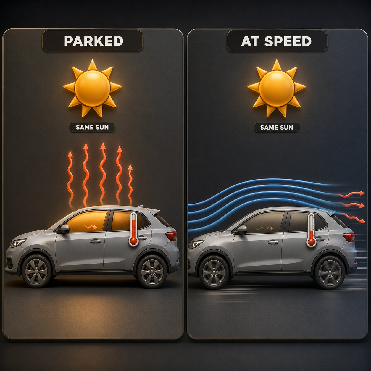 Infographic — The Same Glass Lives in Two Thermal Worlds: Parked, the glass holds its heat under still air. At speed, airflow continuously scours it away.