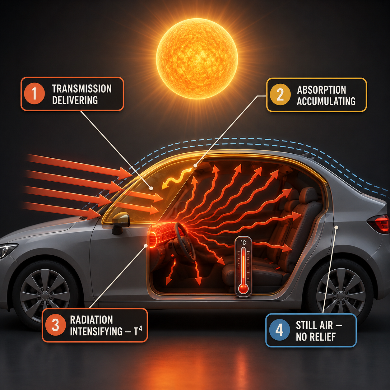 Infographic — Full Sun, Still Air, Closed Cabin — Every Mechanism at Once: Transmission delivering, absorption accumulating, radiation intensifying, and no airflow to help.