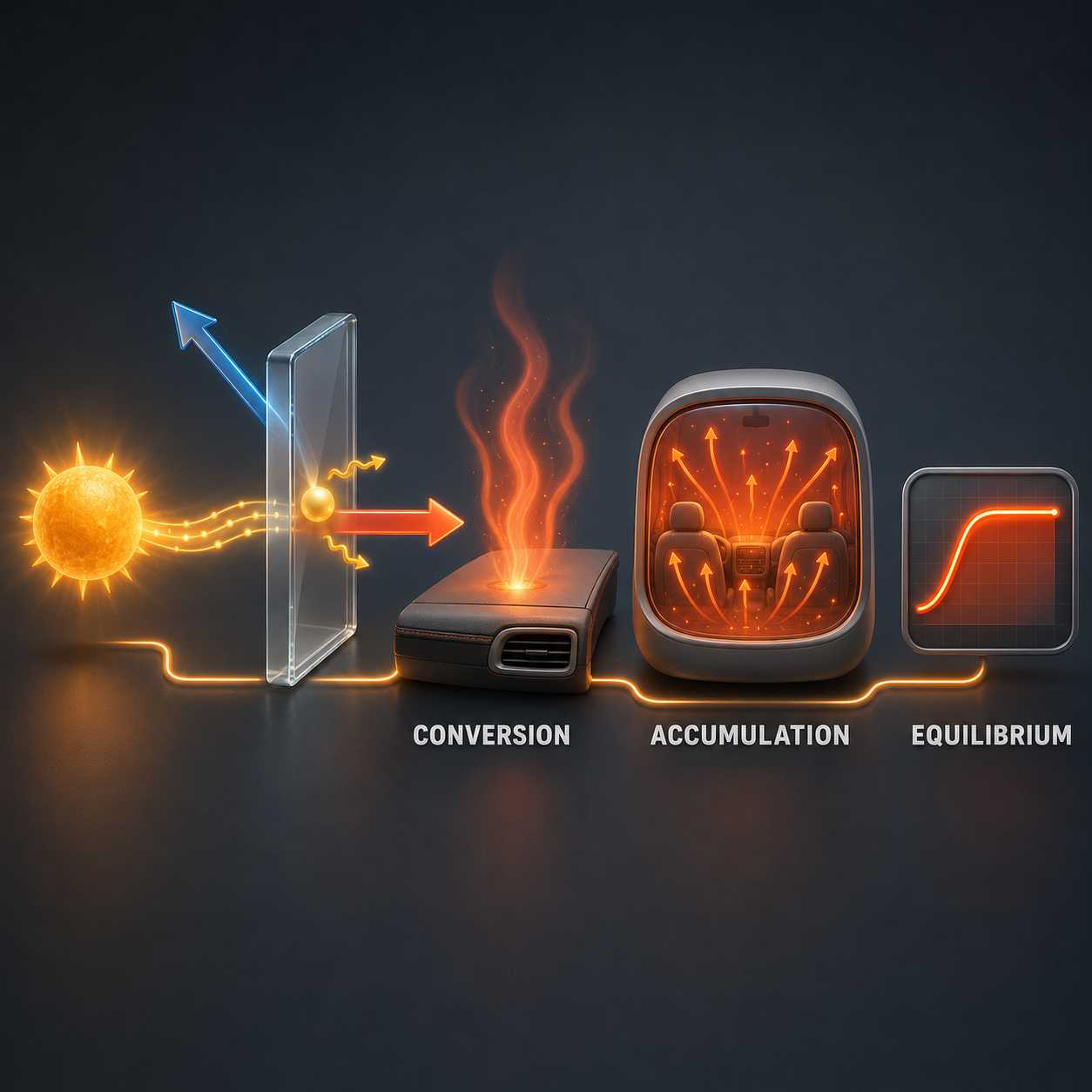 Infographic — From 93 Million Miles to Full Soak: The entire thermal story in one frame — arrival, three fates, conversion, accumulation, equilibrium.