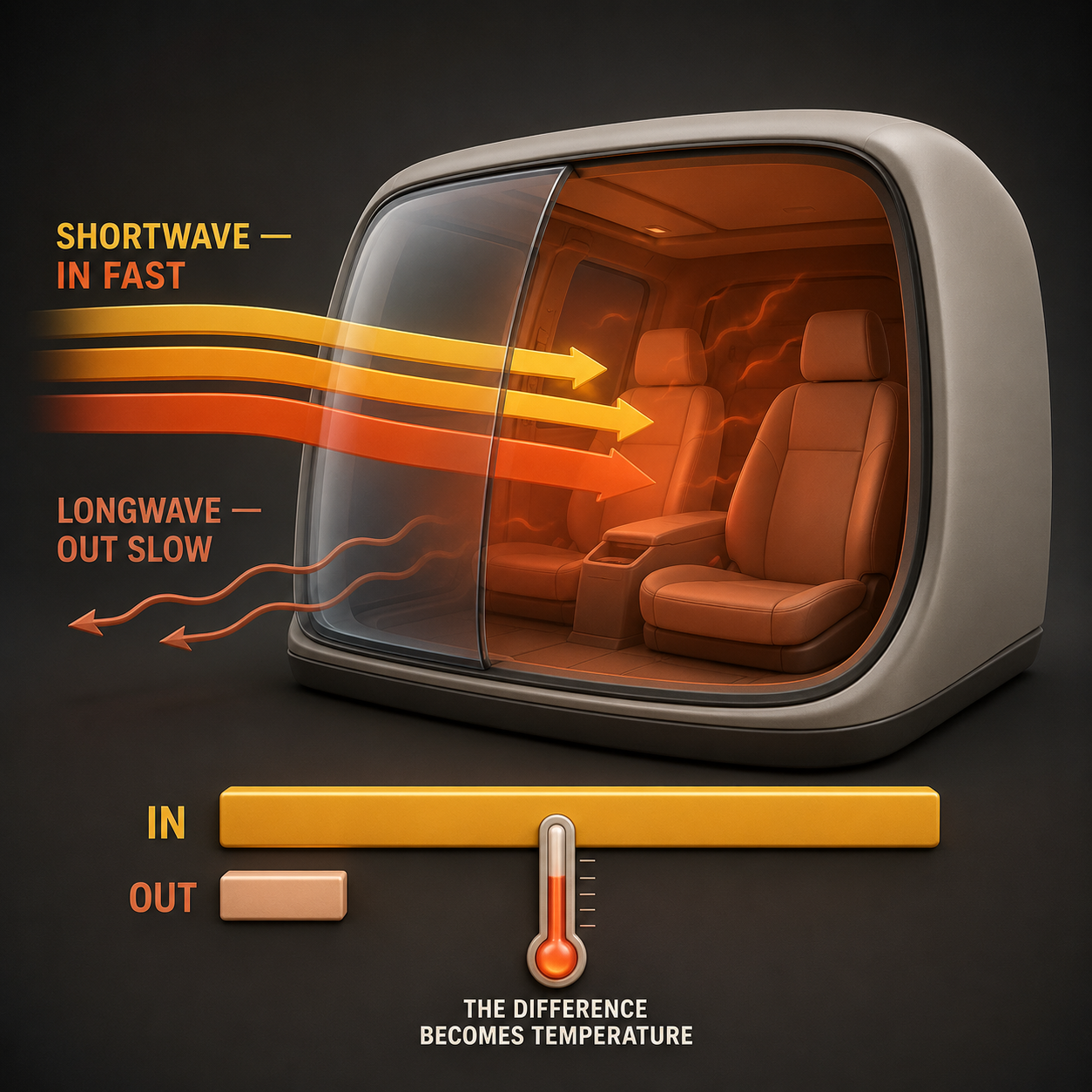 Infographic — The Greenhouse Condition, On Wheels: Shortwave sunlight enters easily. The longwave heat it becomes struggles to leave. The cabin climbs until the books balance.