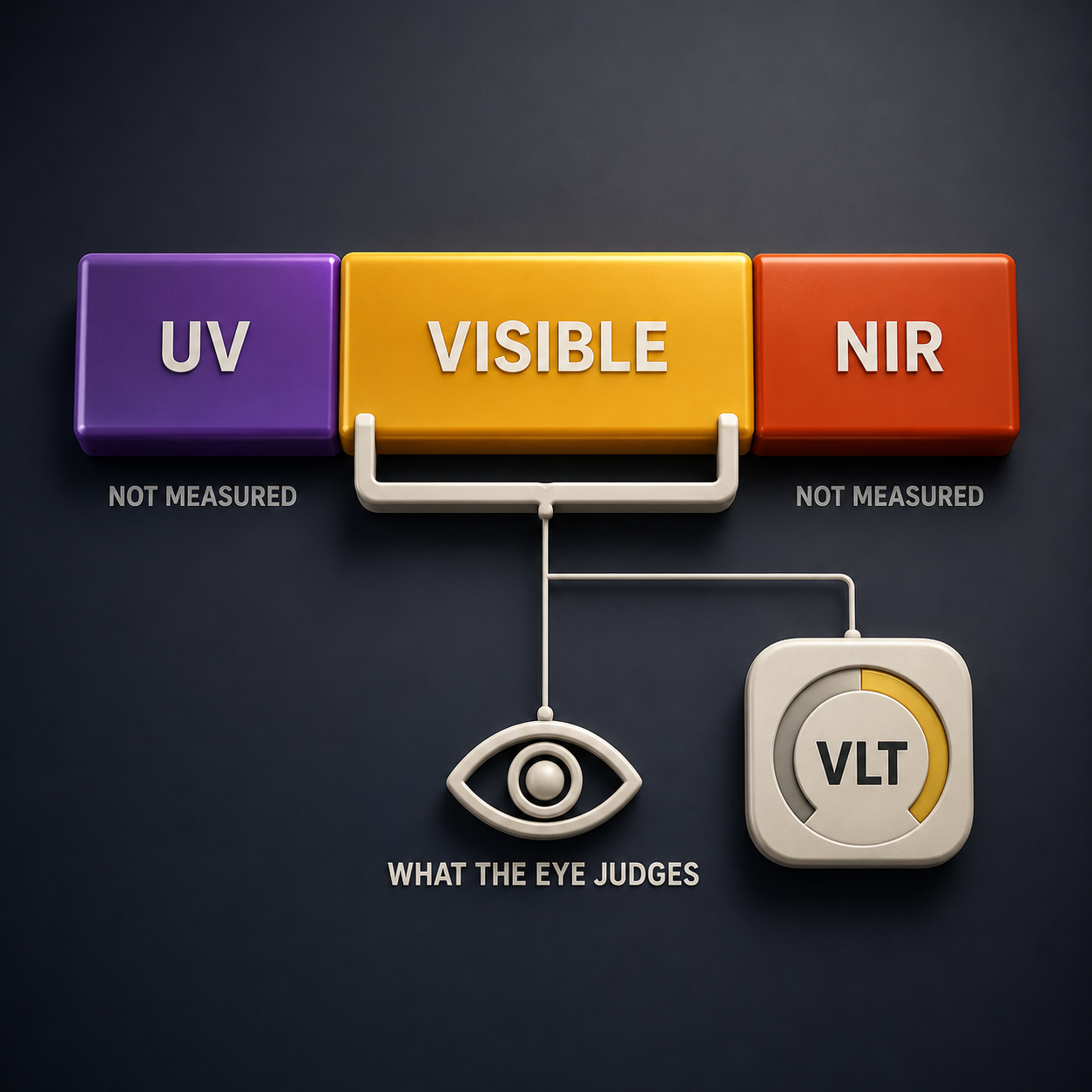 Infographic — VLT: One Band, Honestly Measured: Visible Light Transmission describes the visible band only — silent on UV, silent on infrared, silent on heat.