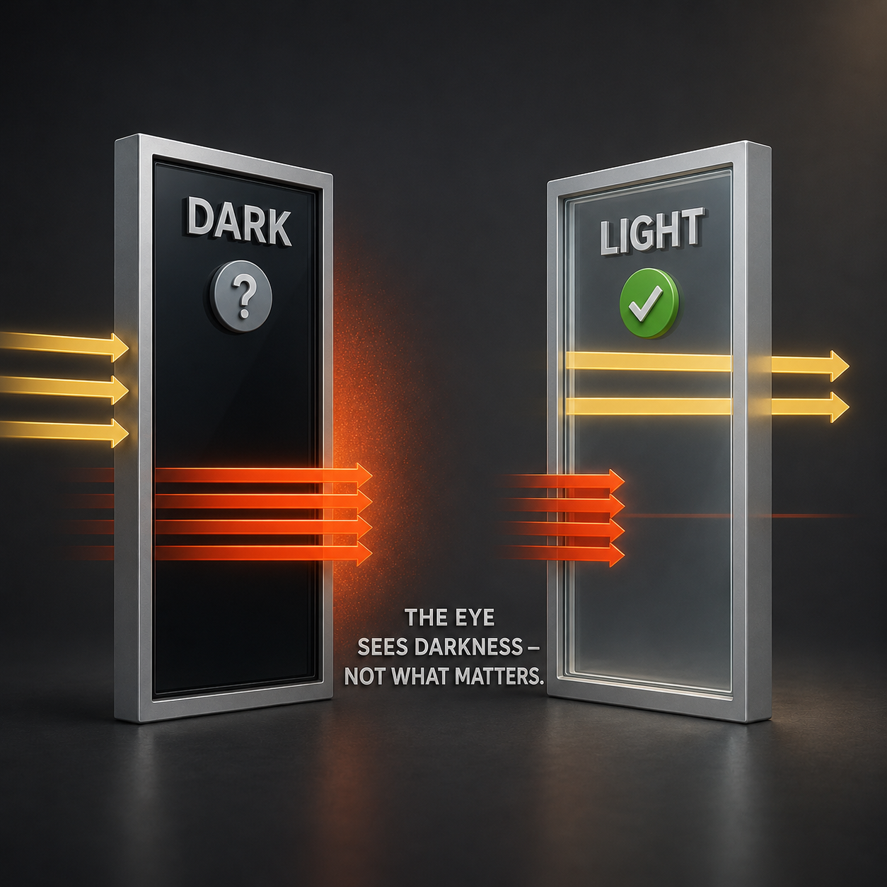Infographic — The Eye Can't See Heat Rejection: A dark pane can manage infrared poorly. A clear one can manage it well. VLT and heat performance are separate questions.